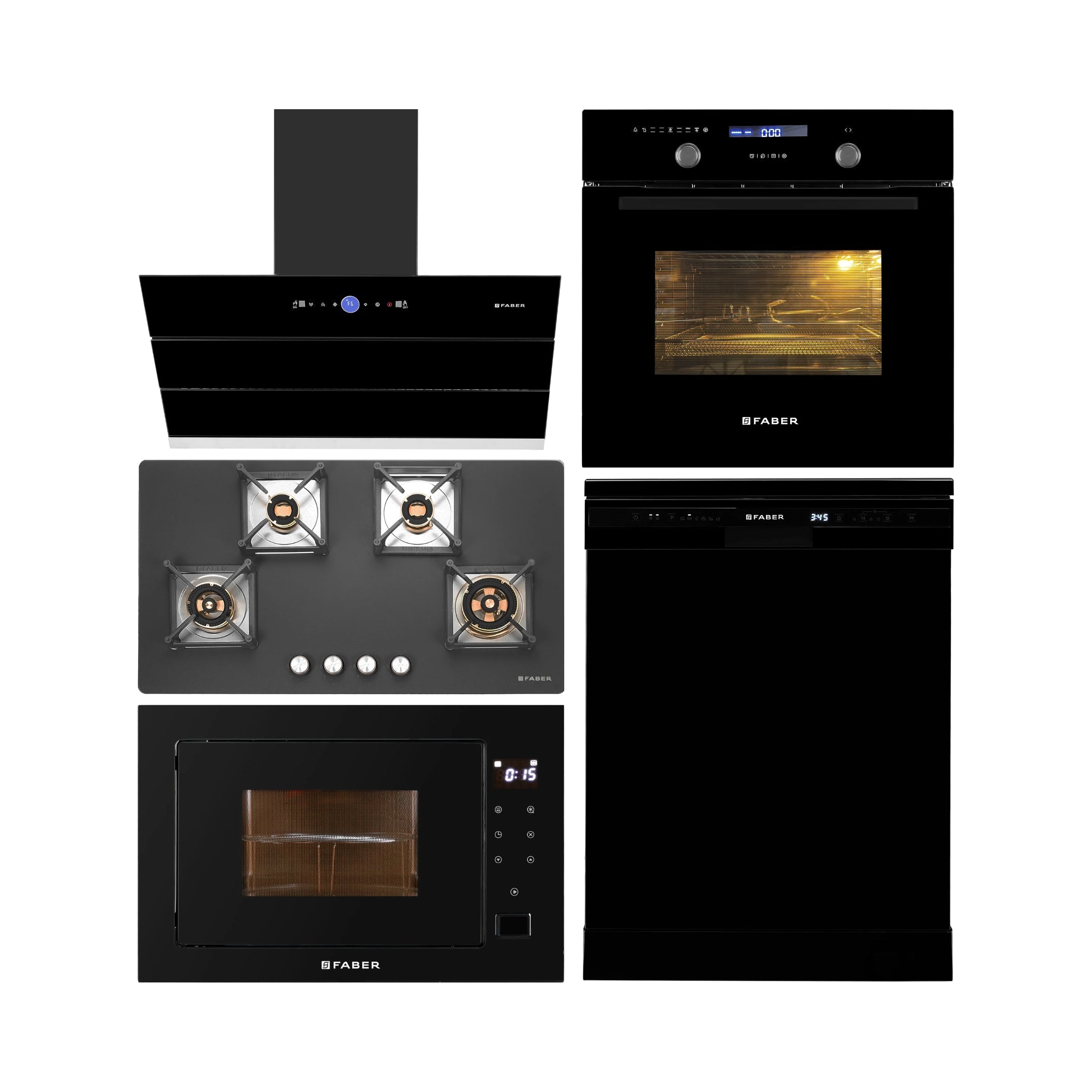 Faber Built In Oven FBIO 82L 11F AF BK + Faber Built-In Microwave FBI MWO 25 SG + Faber 90 cm Wall Mounted Chimney Gen-I Series COMET BLDC FL HC BK 90 + Faber 90 cm 4 Burner Hob Bella Series BELLA HT 904 BR AI FFD + Faber Free Standing Dishwasher FFSD 6PR 12S NEO BK with 12 Place Settings
