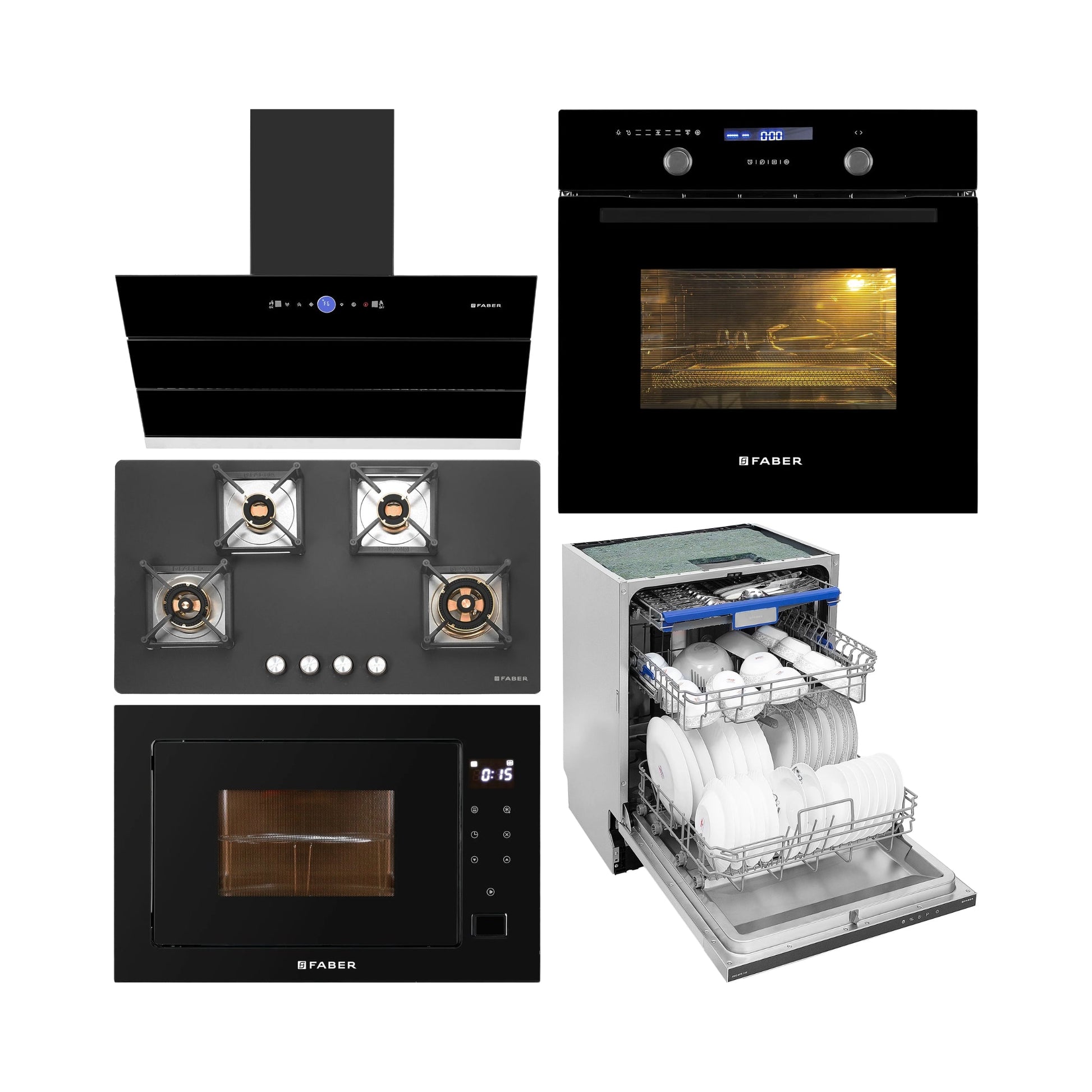 Faber Built In Oven FBIO 82L 11F AF BK + Faber Built-In Microwave FBI MWO 25 SG + Faber 90 cm Wall Mounted Chimney Gen-I Series COMET BLDC FL HC BK 90 + Faber 90 cm 4 Burner Hob Bella Series BELLA HT 904 BR AI FFD + Faber Built In Dishwasher FBID 8PR 14S with 14 Place Settings