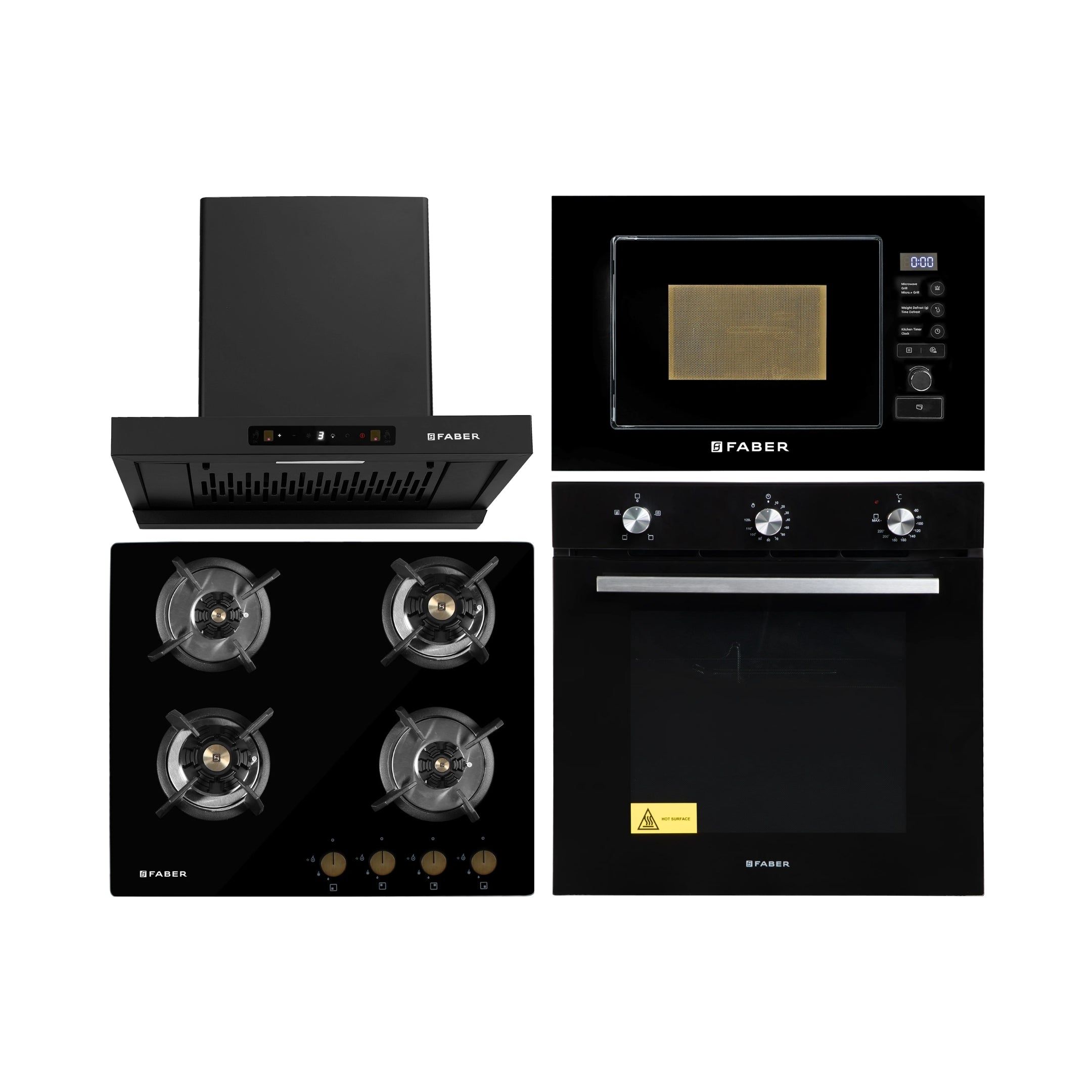 Faber Built In Oven FBIO 80L 4F BK + Faber Built-In Microwave FBI MWO 20 SG BK + Faber 60 cm Wall Mounted Chimney Charm Series HOOD CHARM BLDC HC SC FL BK IN 60 T + Faber 60 cm 4 Burner Hob Maxus Series MAXUS HT 604 CRS BR CI AI
