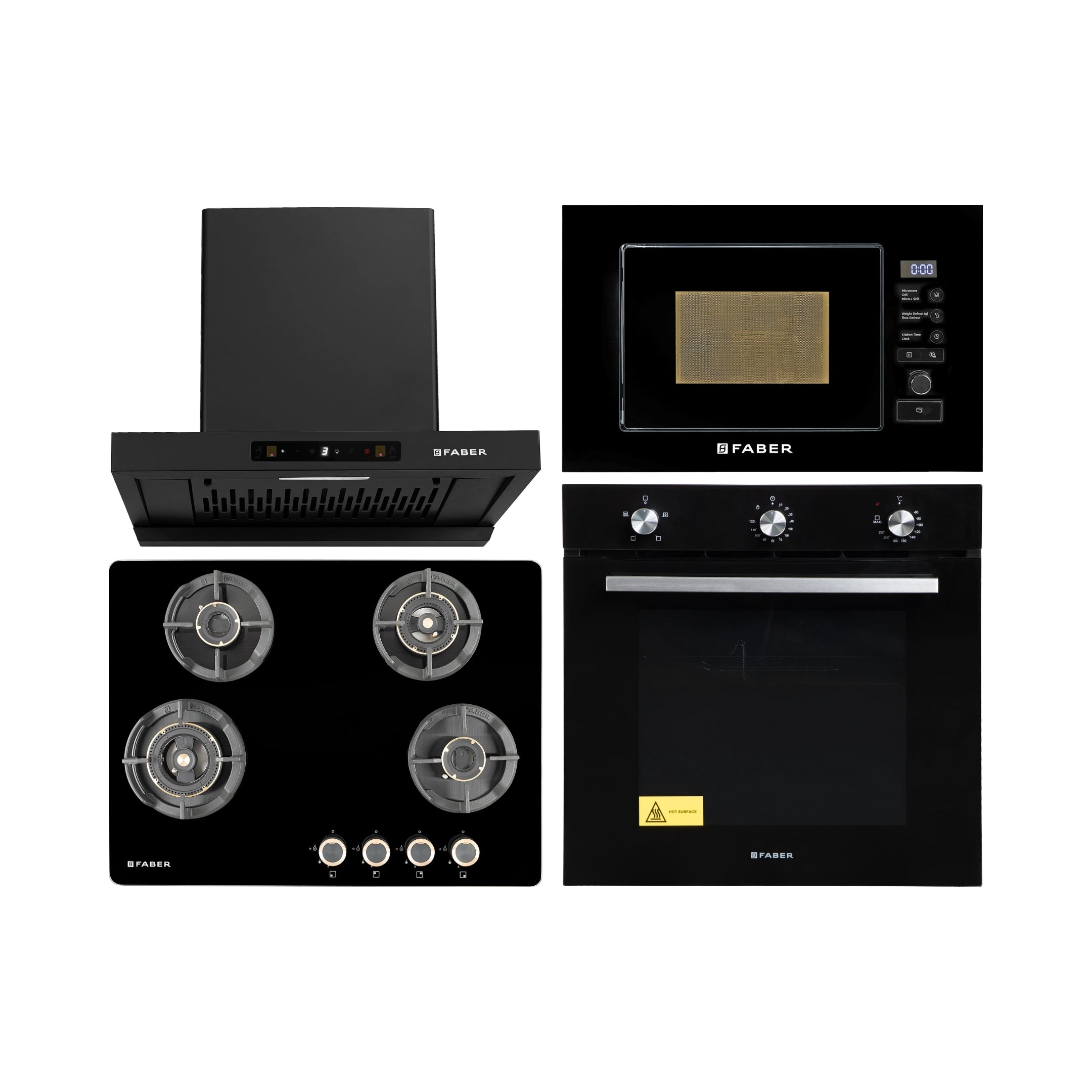 Faber Built In Oven FBIO 80L 4F BK + Faber Built-In Microwave FBI MWO 20 SG BK + Faber 60 cm Wall Mounted Chimney Charm Series HOOD CHARM BLDC HC SC FL BK IN 60 T + Faber 70 cm 4 Burner Hob Experia Series EXPERIA HT 704 ALU AI