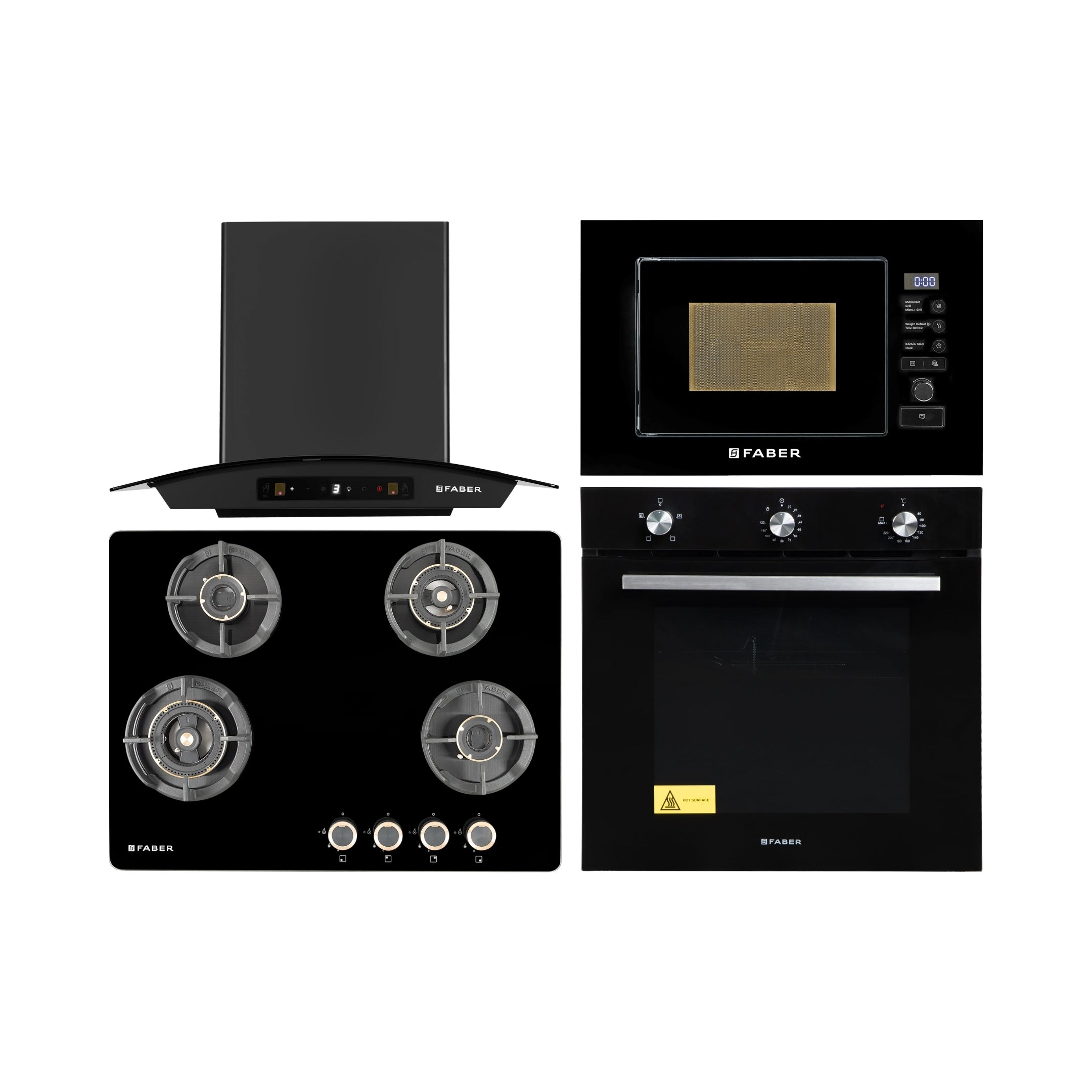 Faber Built In Oven FBIO 80L 4F BK + Faber Built-In Microwave FBI MWO 20 SG BK + Faber 60 cm Wall Mounted Chimney Zeal Series HOOD ZEAL BLDC HC SC FL BK IN 60 C + Faber 70 cm 4 Burner Hob Experia Series EXPERIA HT 704 ALU AI