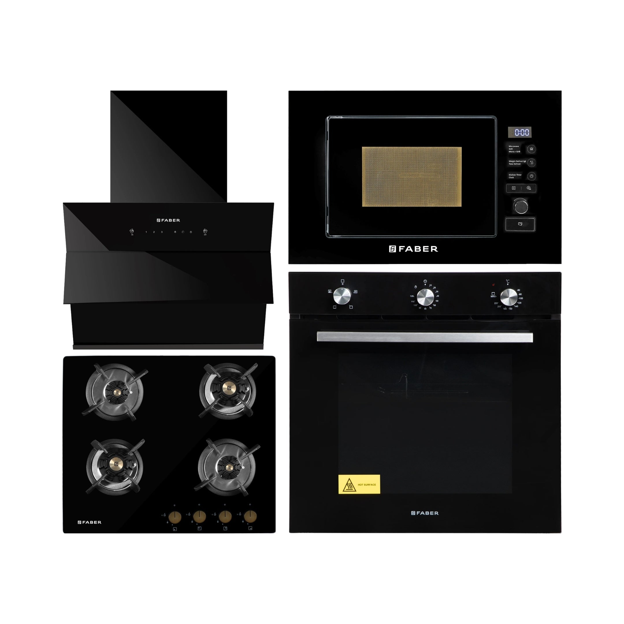 Faber Built In Oven FBIO 80L 4F BK + Faber Built-In Microwave FBI MWO 20 SG BK + Faber 60 cm Wall Mounted Chimney Auto Clean Series HOOD ARIES FL HC SC BK IN 60 + Faber 60 cm 4 Burner Hob Maxus Series MAXUS HT 604 CRS BR CI AI