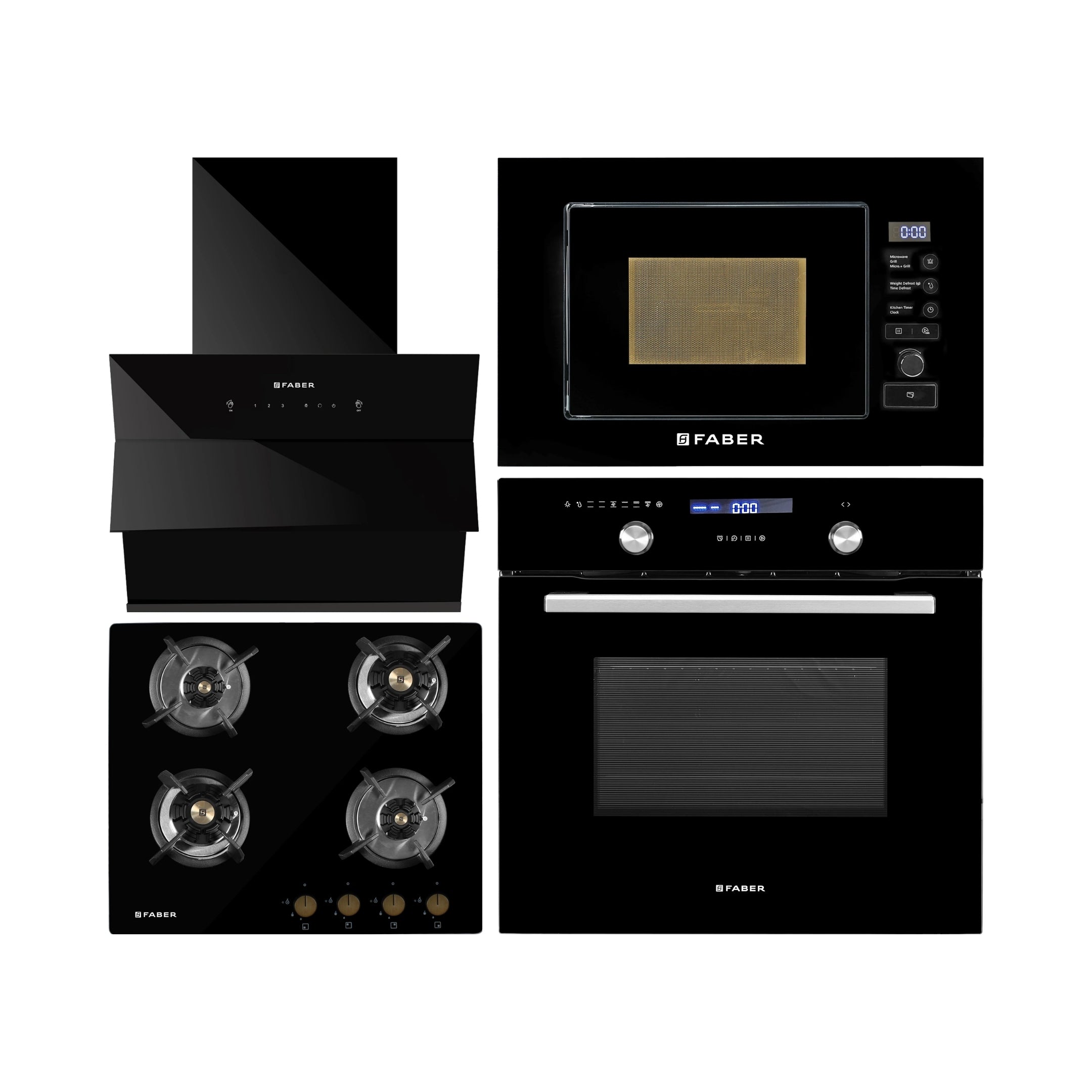 Faber Built In Oven FBIO 75L 9F BK + Faber Built-In Microwave FBI MWO 20 SG BK + Faber 60 cm Wall Mounted Chimney Auto Clean Series HOOD ARIES FL HC SC BK IN 60 + Faber 60 cm 4 Burner Hob Maxus Series MAXUS HT 604 CRS BR CI AI