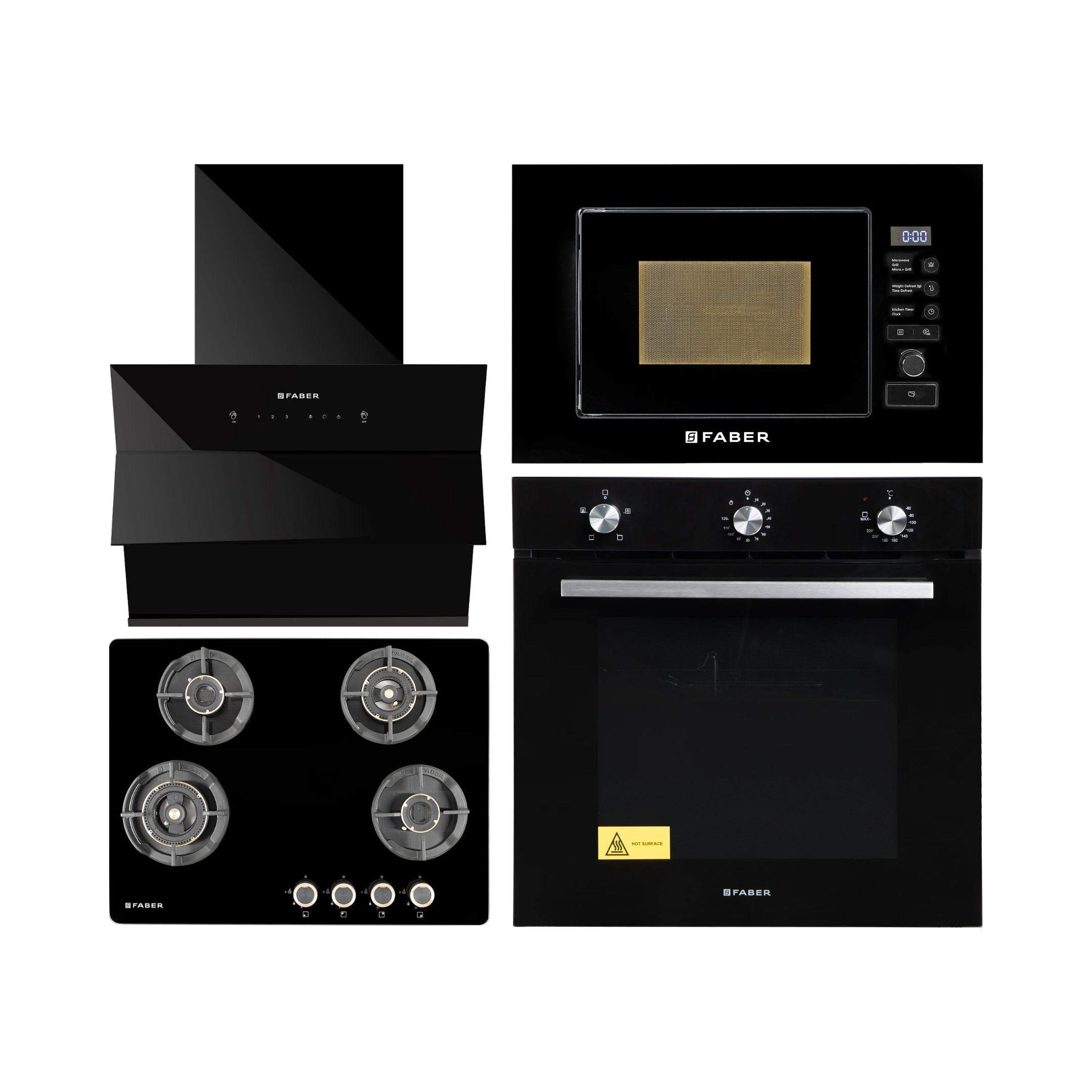 Faber Built In Oven FBIO 80L 4F BK + Faber Built-In Microwave FBI MWO 20 SG BK + Faber 60 cm Wall Mounted Chimney Auto Clean Series HOOD ARIES FL HC SC BK IN 60 + Faber 70 cm 4 Burner Hob Experia Series EXPERIA HT 704 ALU AI