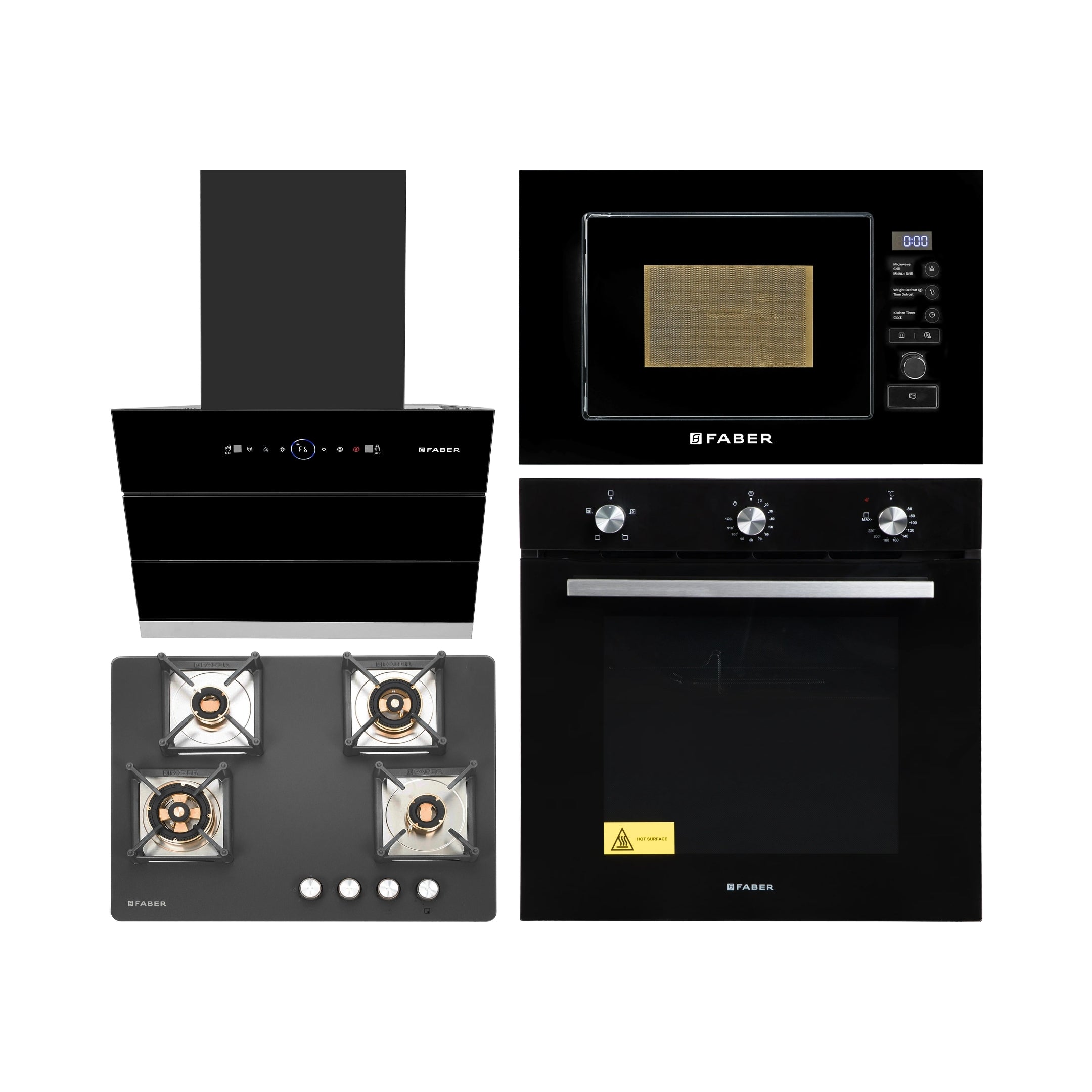 Faber Built In Oven FBIO 80L 4F BK + Faber Built-In Microwave FBI MWO 20 SG BK + Faber 60 cm Wall Mounted Chimney Gen-I Series COMET BLDC FL HC BK 60 + Faber 70 cm 4 Burner Hob Bella Series BELLA HT 704 BR AI