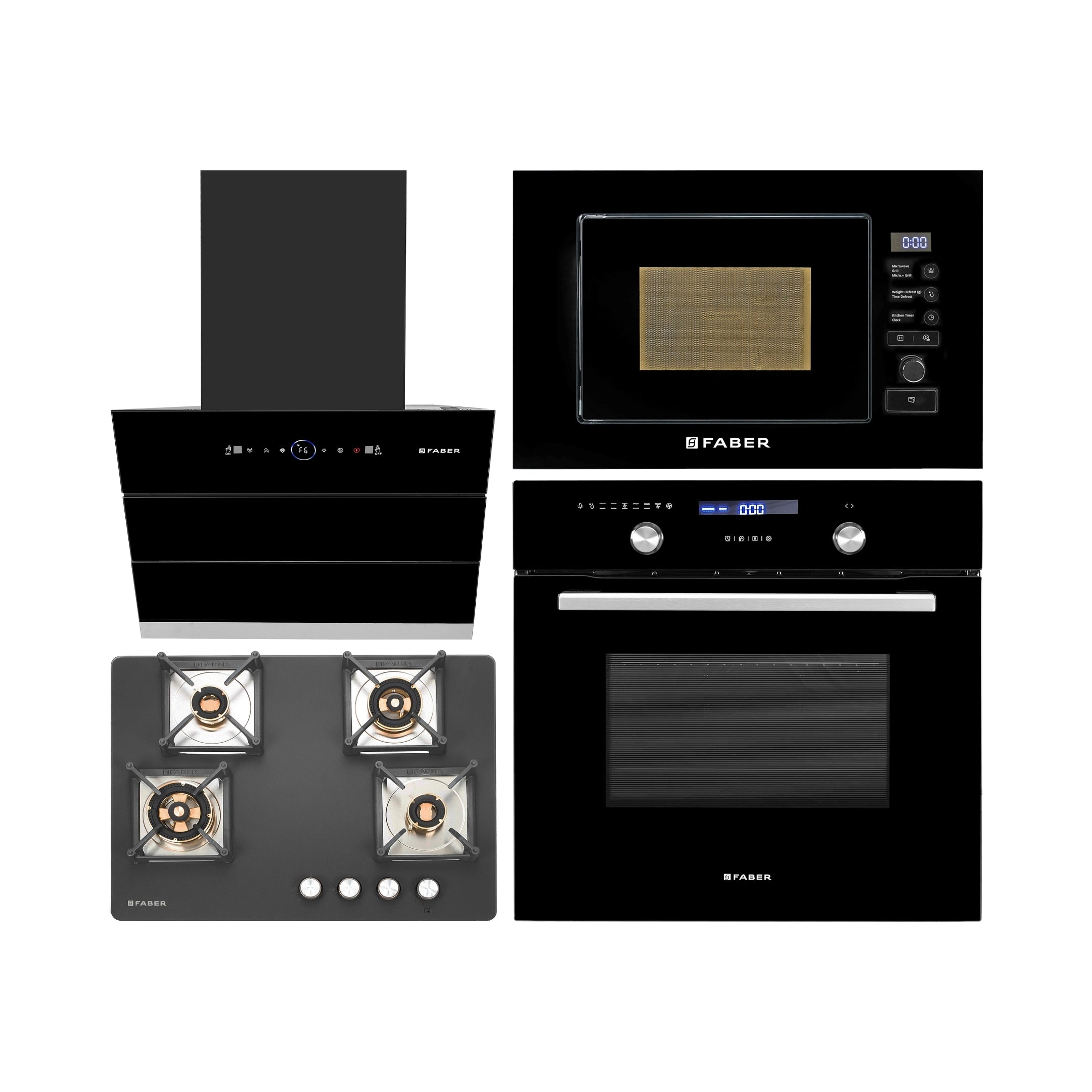 Faber Built In Oven FBIO 75L 9F BK + Faber Built-In Microwave FBI MWO 20 SG BK + Faber 60 cm Wall Mounted Chimney Gen-I Series COMET BLDC FL HC BK 60 + Faber 70 cm 4 Burner Hob Bella Series BELLA HT 704 BR AI