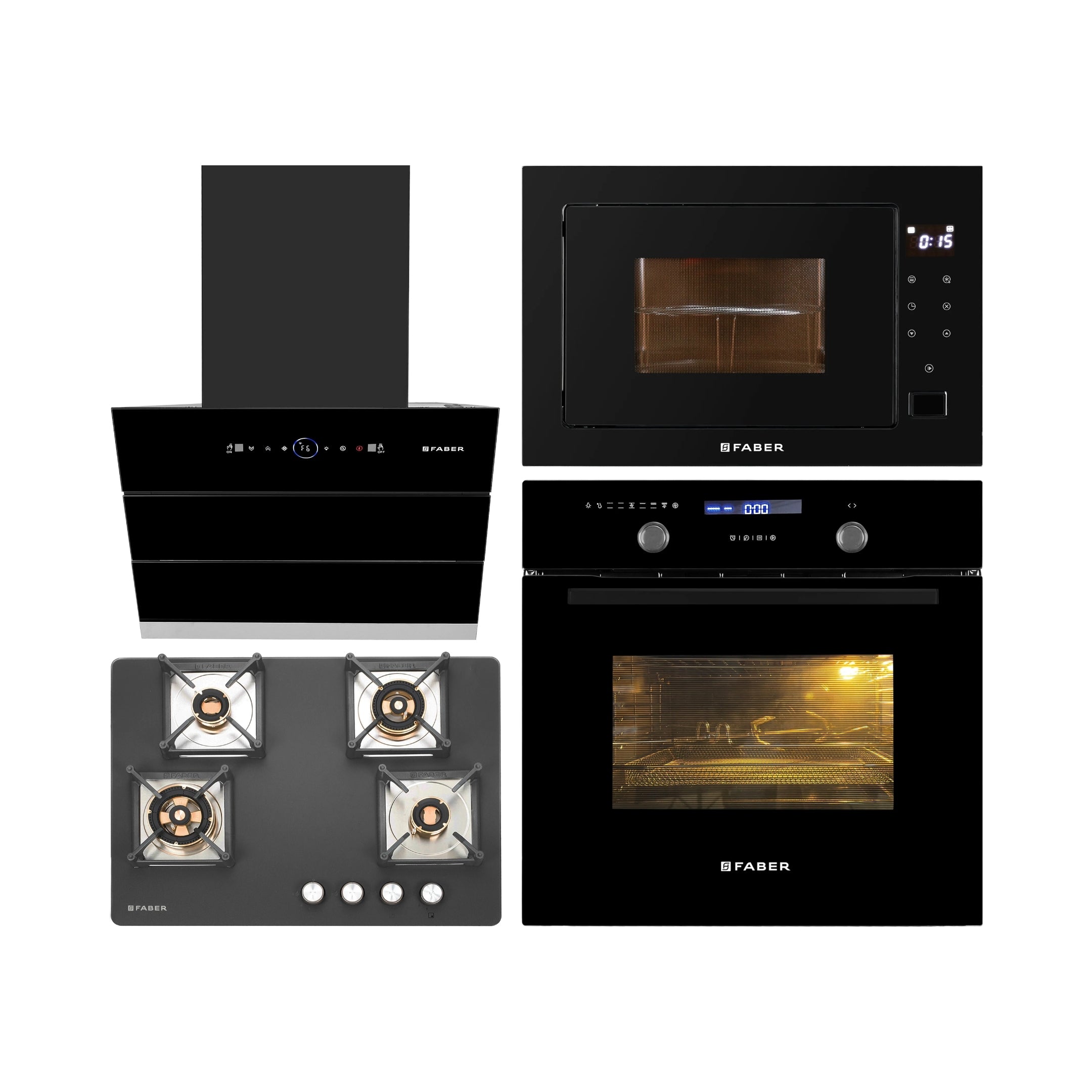 Faber Built In Oven FBIO 82L 11F AF BK + Faber Built-In Microwave FBI MWO 25 SG + Faber 60 cm Wall Mounted Chimney Gen-I Series COMET BLDC FL HC BK 60 + Faber 70 cm 4 Burner Hob Bella Series BELLA HT 704 BR AI
