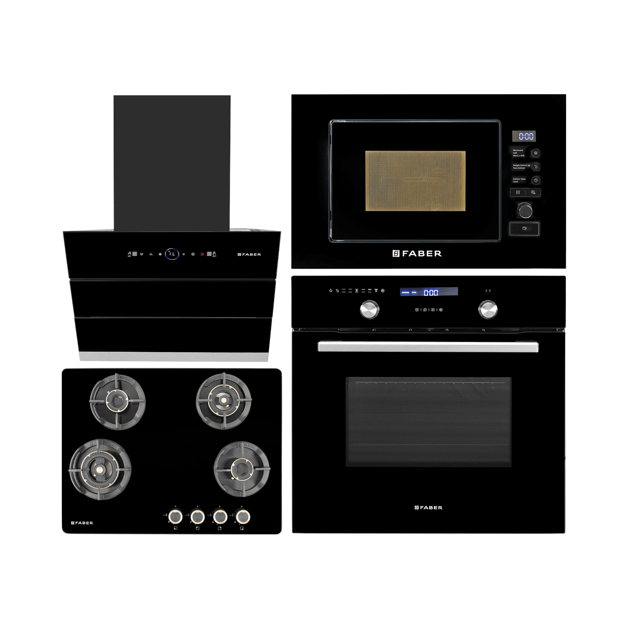 Faber Built In Oven FBIO 75L 9F BK + Faber Built-In Microwave FBI MWO 20 SG BK + Faber 60 cm Wall Mounted Chimney Gen-I Series COMET BLDC FL HC BK 60 + Faber 70 cm 4 Burner Hob Experia Series EXPERIA HT 704 ALU AI