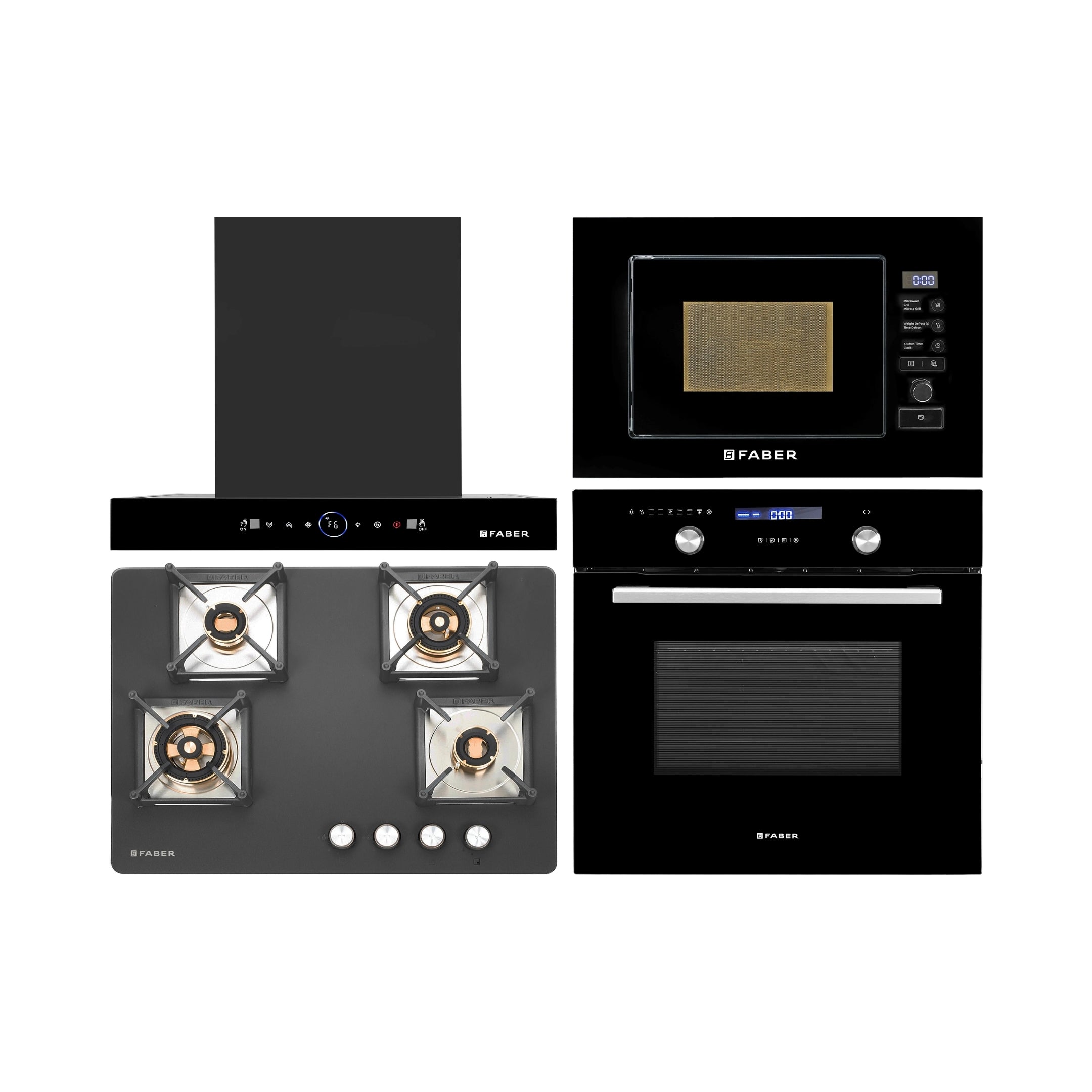 Faber Built In Oven FBIO 75L 9F BK + Faber Built-In Microwave FBI MWO 20 SG BK + Faber 60 cm Wall Mounted Chimney Gen-I Series DAZZLE BLDC FL HC BK 60 + Faber 70 cm 4 Burner Hob Bella Series BELLA HT 704 BR AI