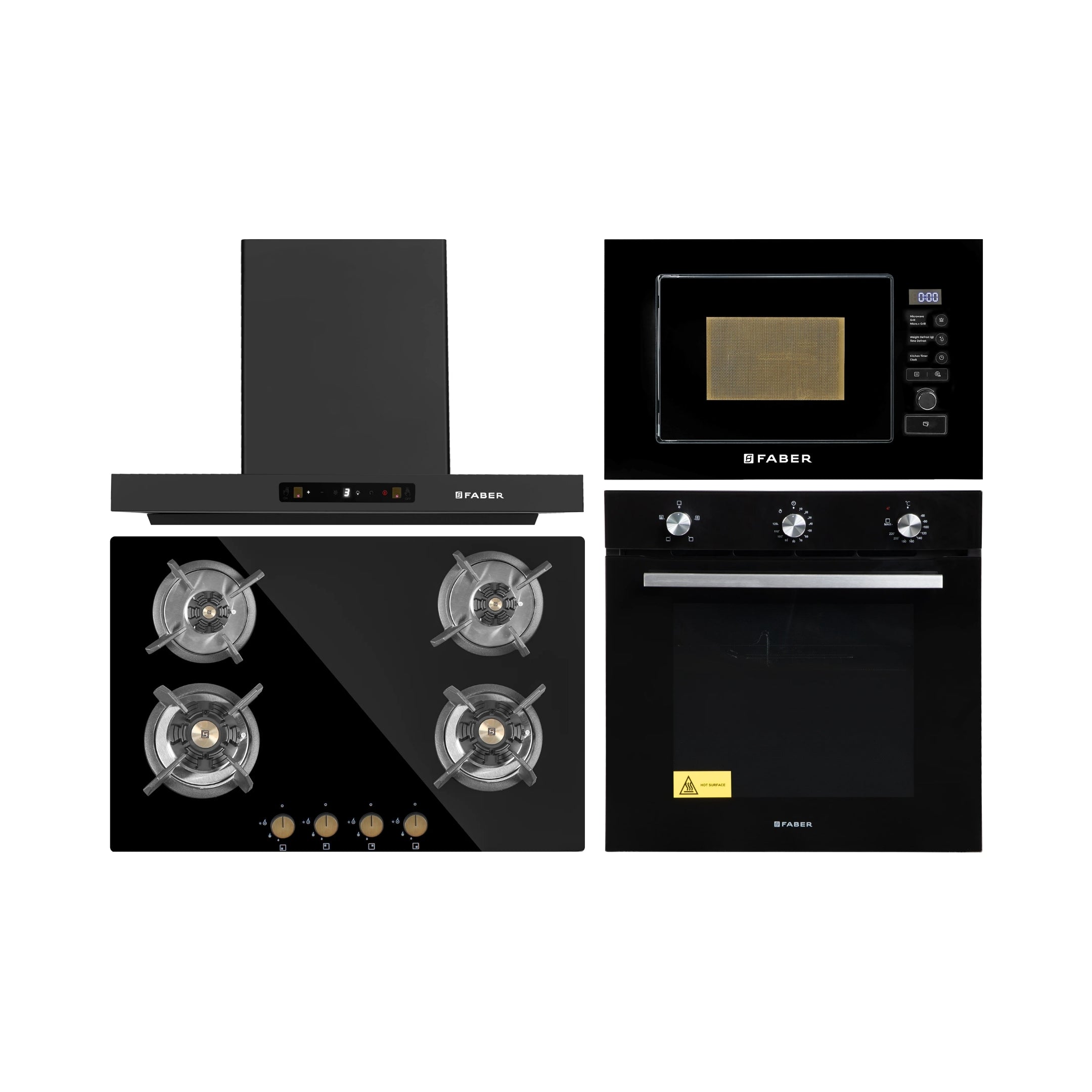 Faber Built In Oven FBIO 80L 4F BK + Faber Built-In Microwave FBI MWO 20 SG BK + Faber 75 cm Wall Mounted Chimney Charm Series HOOD CHARM BLDC HC SC FL BK IN 75 T + Faber 78 cm 4 Burner Hob Maxus Series MAXUS HT 784 CRS BR CI AI