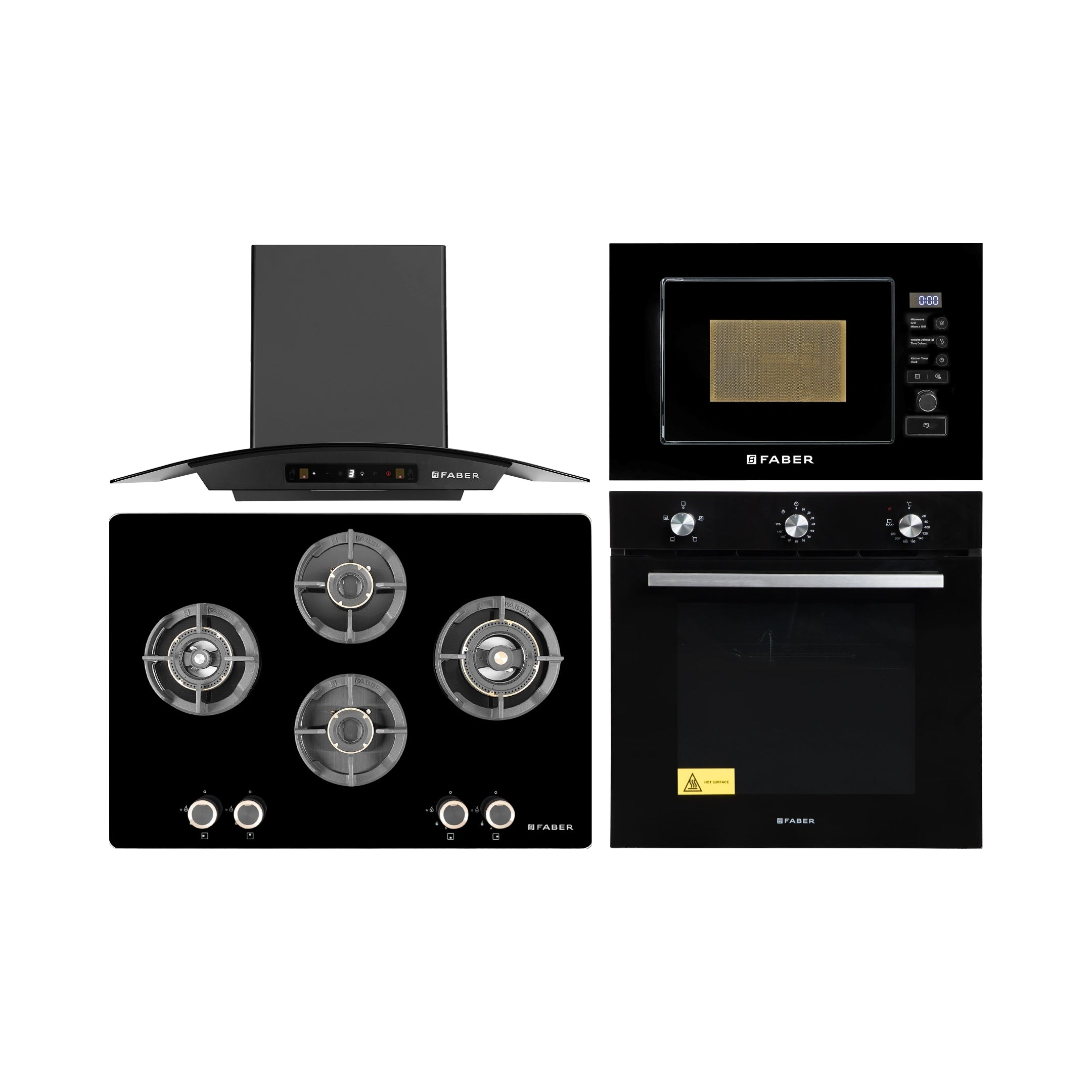 Faber Built In Oven FBIO 80L 4F BK + Faber Built-In Microwave FBI MWO 20 SG BK + Faber 75 cm Wall Mounted Chimney Zeal Series HOOD ZEAL BLDC HC SC FL BK IN 75 C + Faber 75 cm 4 Burner Hob Experia Series EXPERIA HT 754 ALU AI FFD