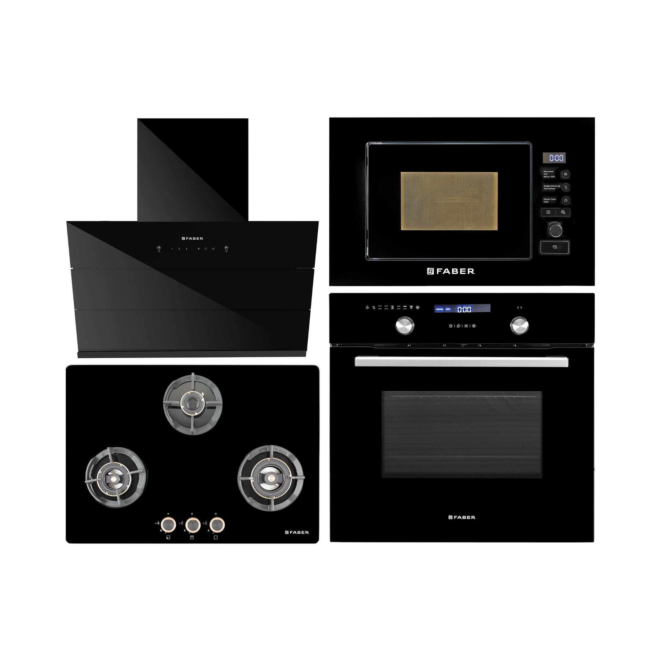 Faber Built In Oven FBIO 75L 9F BK + Faber Built-In Microwave FBI MWO 20 SG BK + Faber 75 cm Wall Mounted Chimney Auto Clean Series HOOD ARIES FL HC SC BK IN 75 + Faber 75 cm 3 Burner Hob Experia Series EXPERIA HT 753 ALU AI FFD