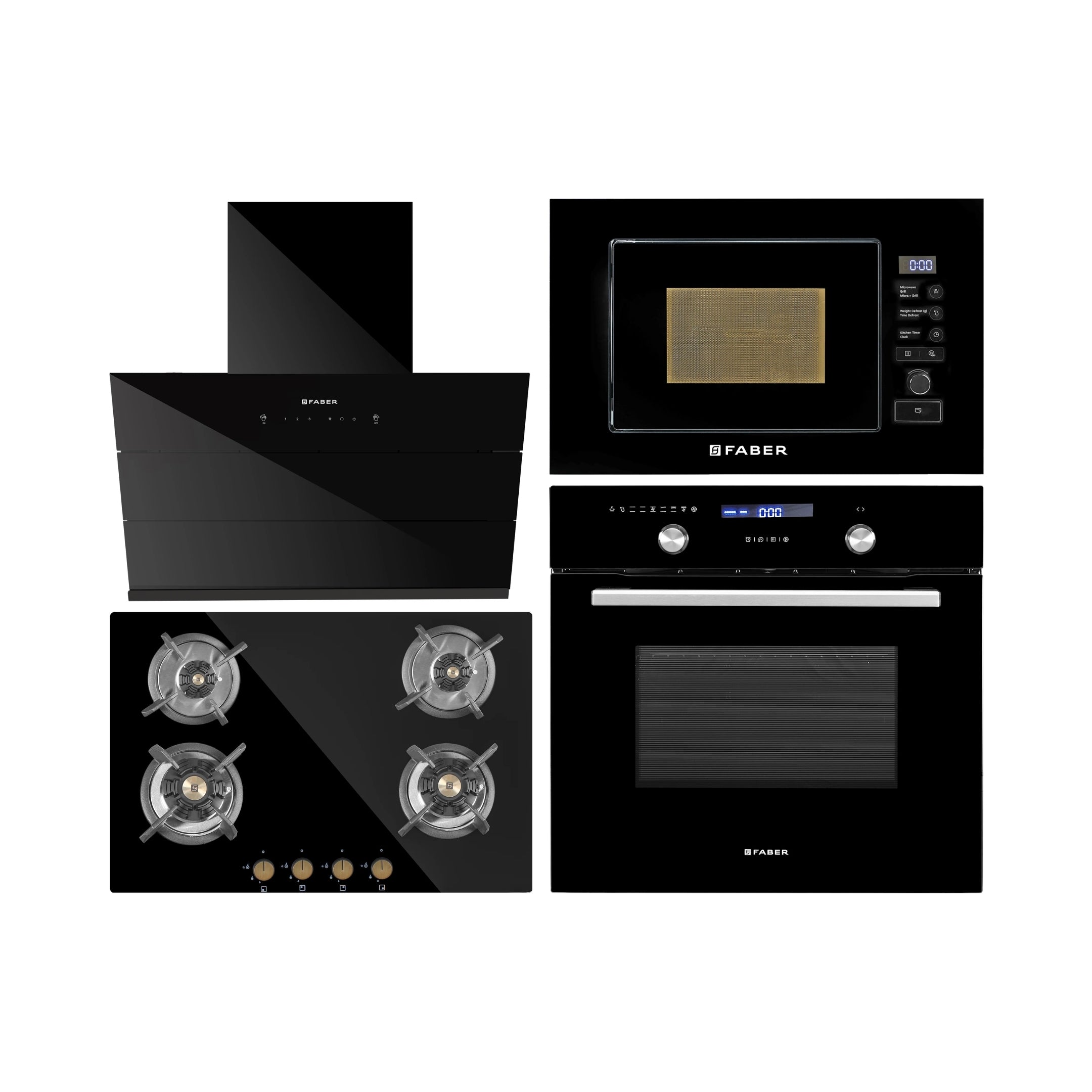Faber Built In Oven FBIO 75L 9F BK + Faber Built-In Microwave FBI MWO 20 SG BK + Faber 75 cm Wall Mounted Chimney Auto Clean Series HOOD ARIES FL HC SC BK IN 75 + Faber 78 cm 4 Burner Hob Maxus Series MAXUS HT 784 CRS BR CI AI