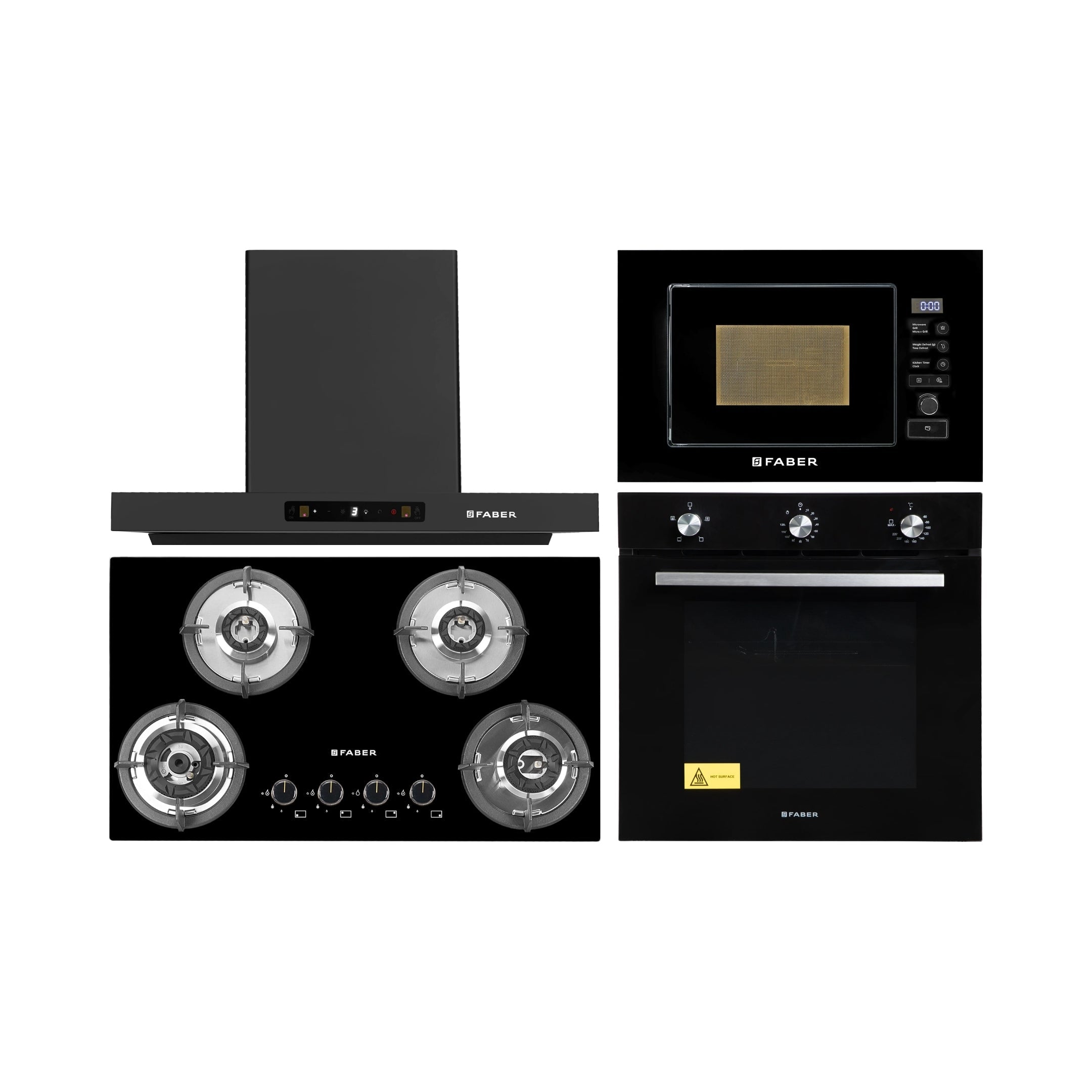 Faber Built In Oven FBIO 80L 4F BK + Faber Built-In Microwave FBI MWO 20 SG BK + Faber 75 cm Wall Mounted Chimney Charm Series HOOD CHARM BLDC HC SC FL BK IN 75 T + Faber 76 cm 4 Burner Hob Superia Series SUPERIA HT764 BR AI
