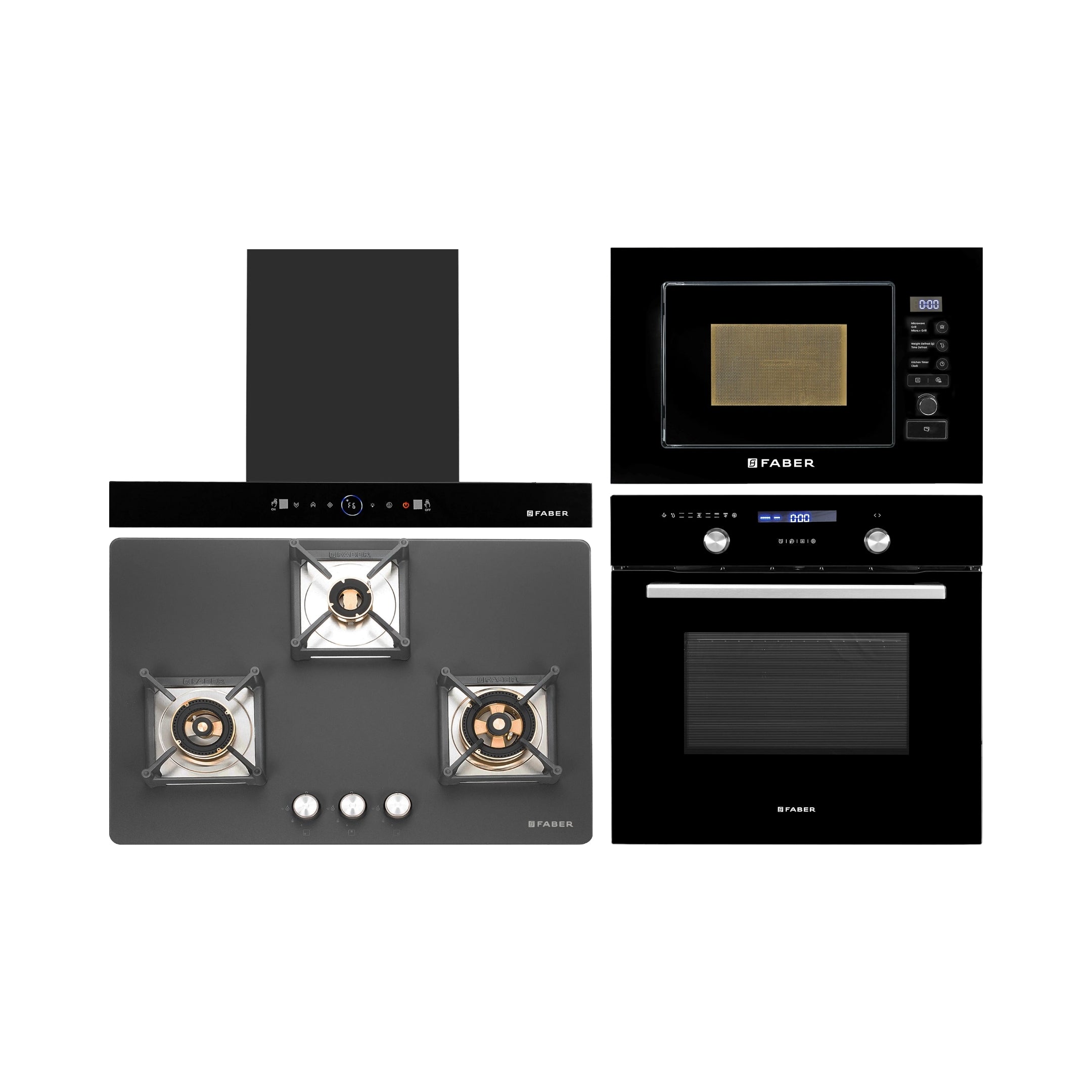 Faber Built In Oven FBIO 75L 9F BK + Faber Built-In Microwave FBI MWO 20 SG BK + Faber 75 cm Wall Mounted Chimney Gen-I Series DAZZLE BLDC FL HC BK 75 + Faber 75 cm 3 Burner Hob Bella Series BELLA HT 753 BR AI