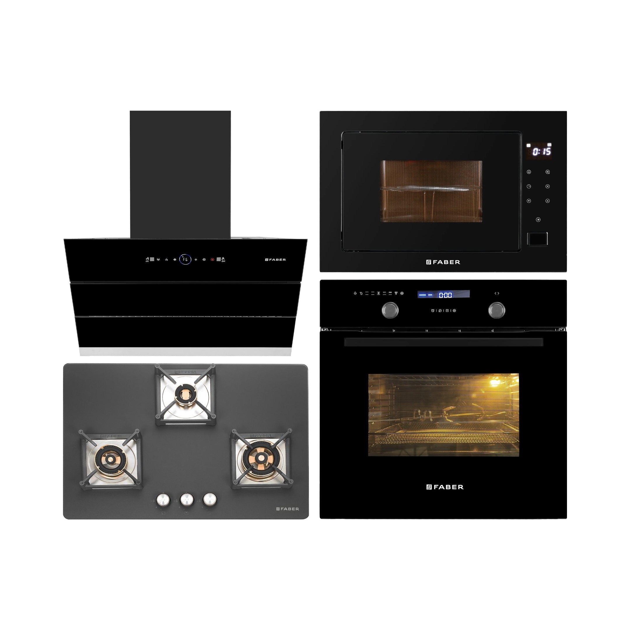 Faber Built In Oven FBIO 82L 11F AF BK + Faber Built-In Microwave FBI MWO 25 SG + Faber 75 cm Wall Mounted Chimney Gen-I Series COMET BLDC FL HC BK 75 + Faber 75 cm 3 Burner Hob Bella Series BELLA HT 753 BR AI
