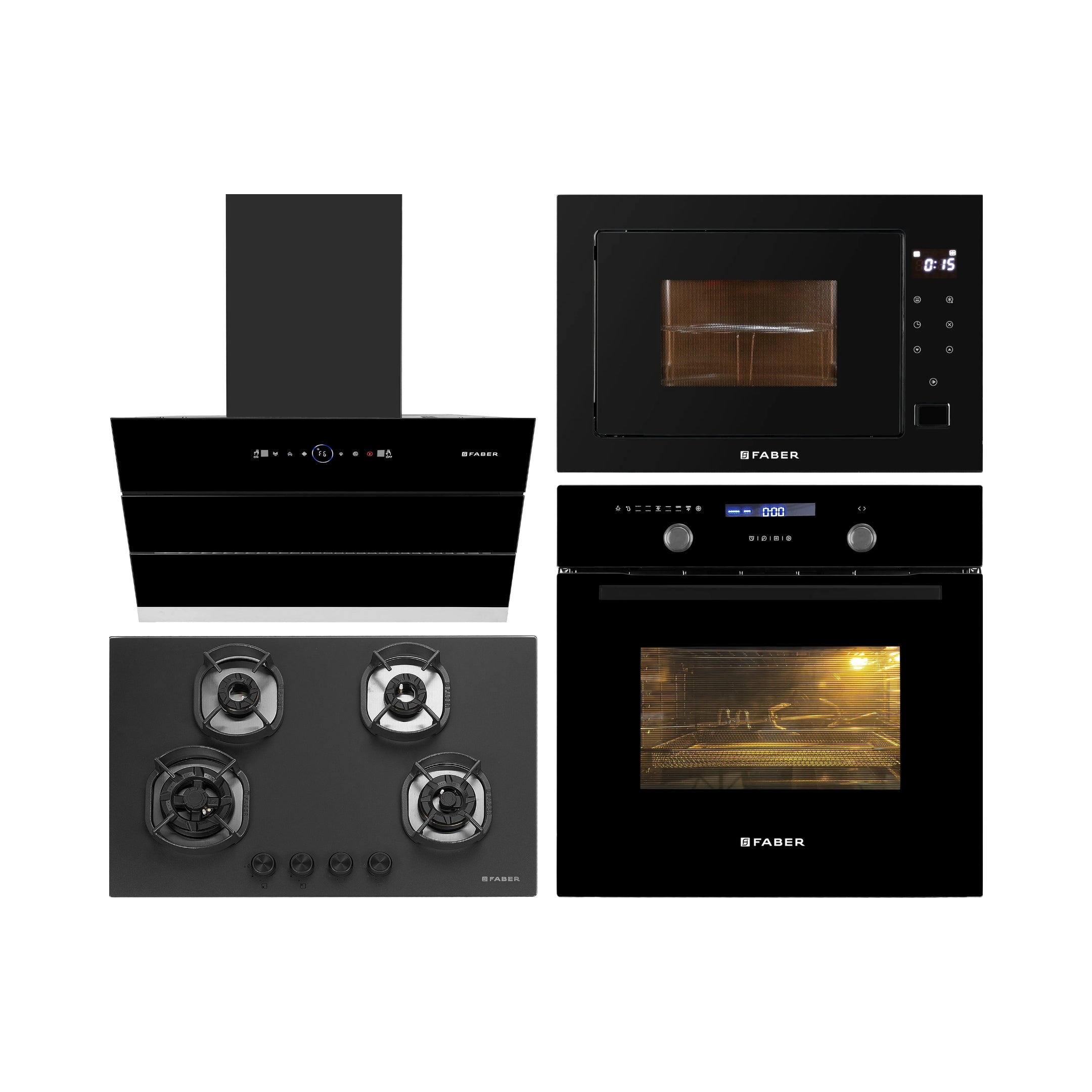 Faber Built In Oven FBIO 82L 11F AF BK + Faber Built-In Microwave FBI MWO 25 SG + Faber 75 cm Wall Mounted Chimney Gen-I Series COMET BLDC FL HC BK 75 + Faber 78 cm 4 Burner Hob Della Series DELLA HD 784 CI AI