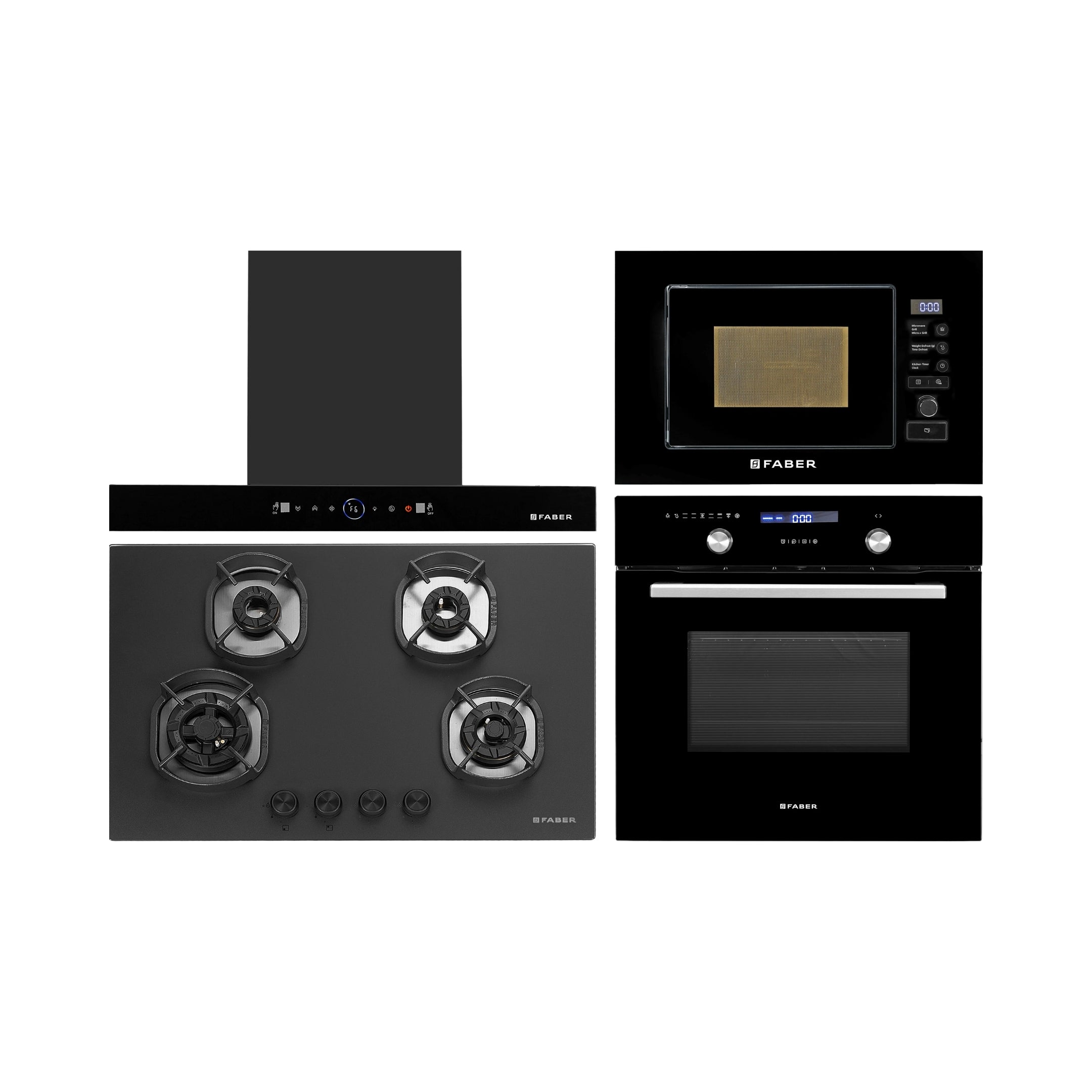 Faber Built In Oven FBIO 75L 9F BK + Faber Built-In Microwave FBI MWO 20 SG BK + Faber 75 cm Wall Mounted Chimney Gen-I Series DAZZLE BLDC FL HC BK 75 + Faber 78 cm 4 Burner Hob Della Series DELLA HD 784 CI AI