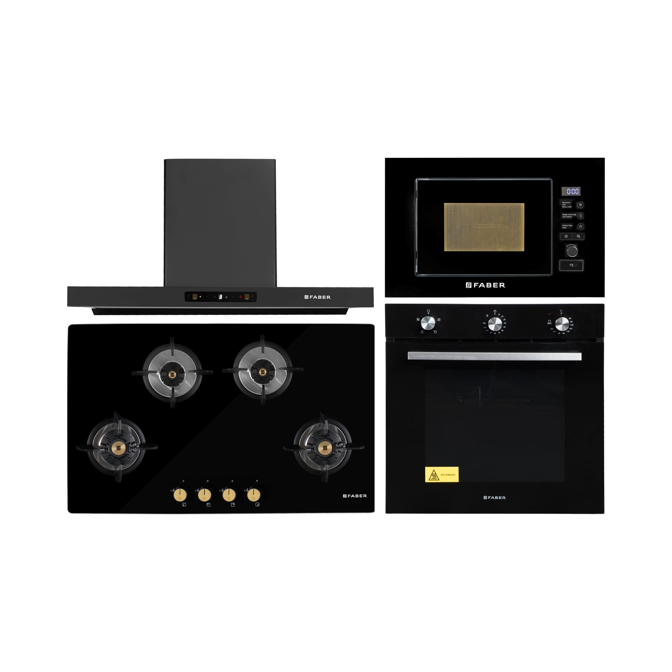 Faber Built In Oven FBIO 80L 4F BK + Faber Built-In Microwave FBI MWO 20 SG BK + Faber 90 cm Wall Mounted Chimney Charm Series HOOD CHARM BLDC HC SC FL BK IN 90 T + Faber 90 cm 4 Burner Hob Maxus Series MAXUS HT 904 CRS BR CI AI