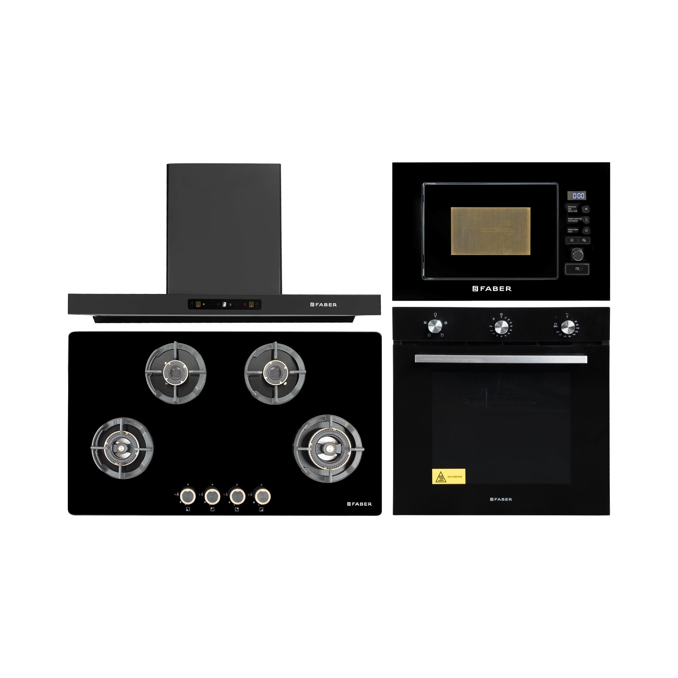 Faber Built In Oven FBIO 80L 4F BK + Faber Built-In Microwave FBI MWO 20 SG BK + Faber 90 cm Wall Mounted Chimney Charm Series HOOD CHARM BLDC HC SC FL BK IN 90 T + Faber 90 cm 4 Burner Hob Experia Series EXPERIA HT 904 ALU AI FFD