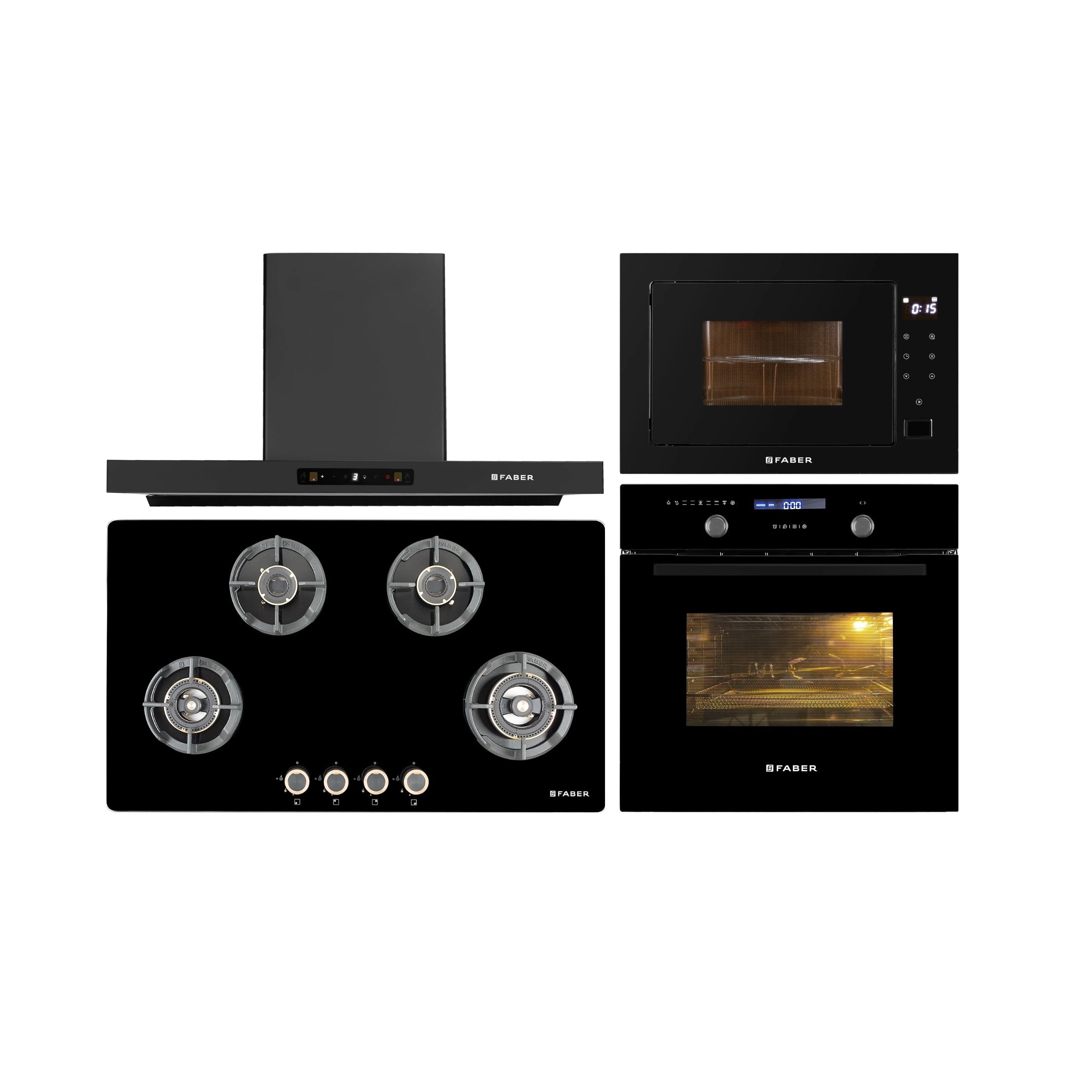 Faber Built In Oven FBIO 82L 11F AF BK + Faber Built-In Microwave FBI MWO 25 SG + Faber 90 cm Wall Mounted Chimney Charm Series HOOD CHARM BLDC HC SC FL BK IN 90 T + Faber 90 cm 4 Burner Hob Experia Series EXPERIA HT 904 ALU AI FFD