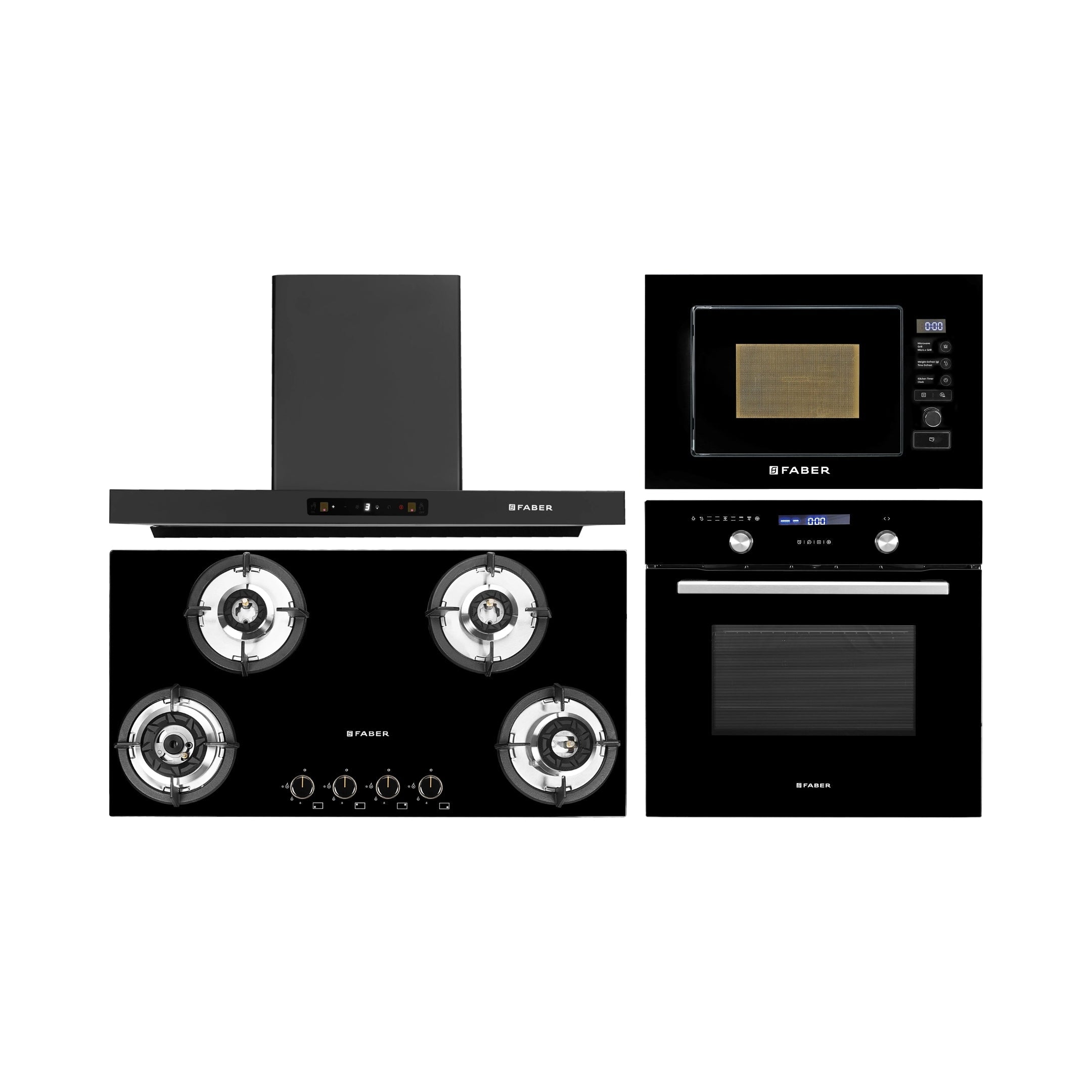 Faber Built In Oven FBIO 75L 9F BK + Faber Built-In Microwave FBI MWO 20 SG BK + Faber 90 cm Wall Mounted Chimney Charm Series HOOD CHARM BLDC HC SC FL BK IN 90 T + Faber 90 cm 4 Burner Hob Superia Series SUPERIA HT904 BR AI