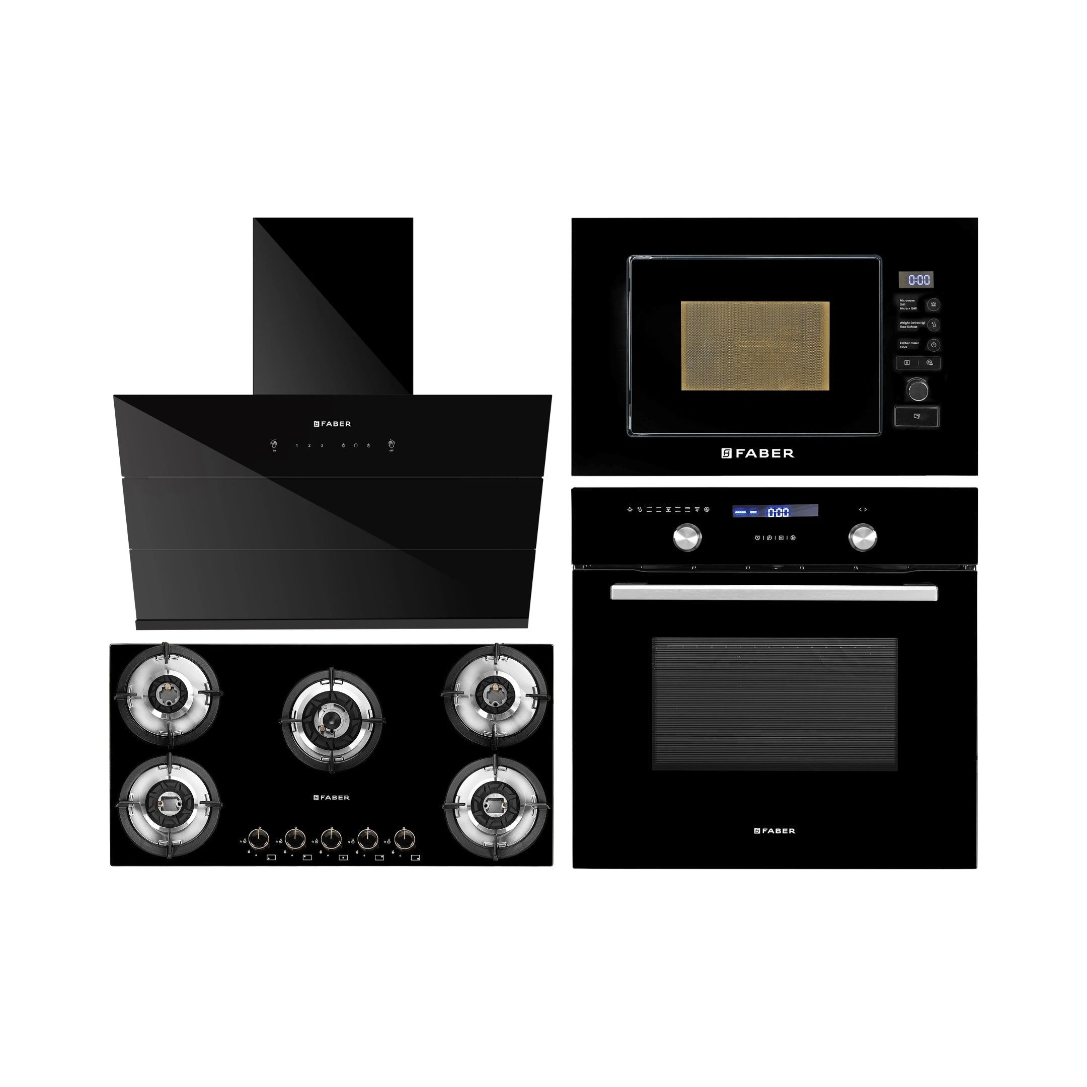 Faber Built In Oven FBIO 75L 9F BK + Faber Built-In Microwave FBI MWO 20 SG BK + Faber 90 cm Wall Mounted Chimney Auto Clean Series HOOD ARIES FL HC SC BK IN 90 + Faber 90 cm 5 Burner Hob Superia Series SUPERIA HT905 BR AI