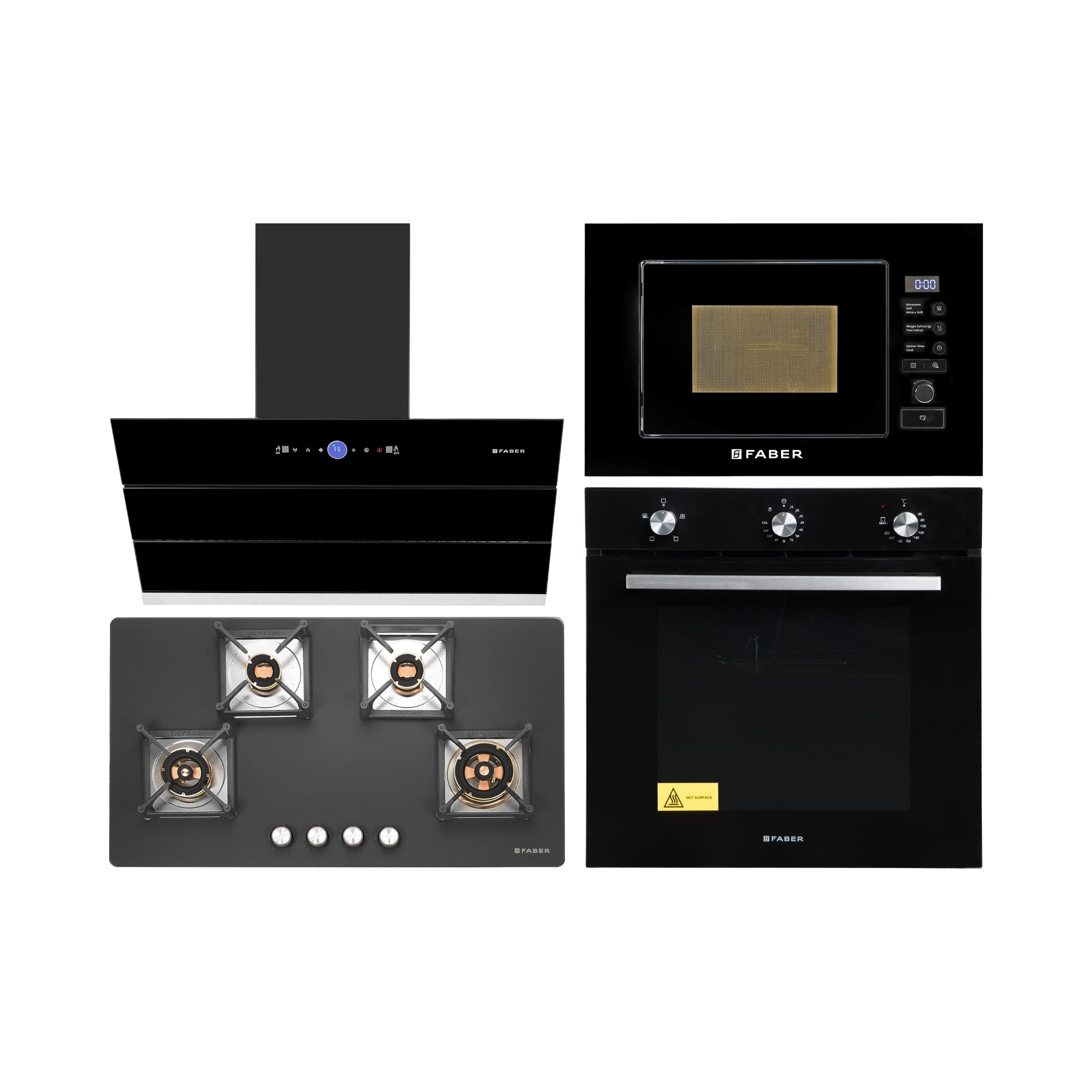 Faber Built In Oven FBIO 80L 4F BK + Faber Built-In Microwave FBI MWO 20 SG BK + Faber 90 cm Wall Mounted Chimney Gen-I Series COMET BLDC FL HC BK 90 + Faber 90 cm 4 Burner Hob Bella Series BELLA HT 904 BR AI FFD