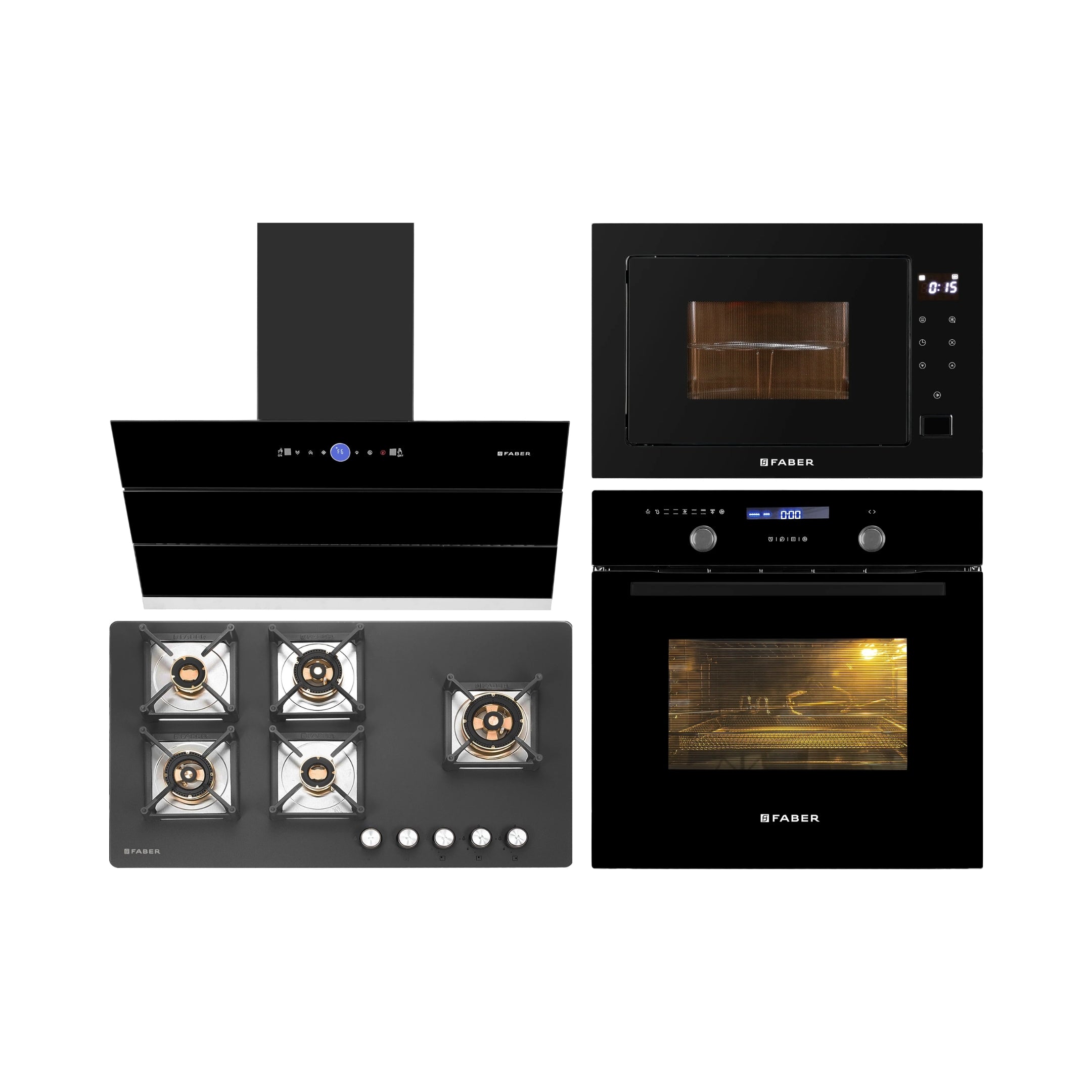 Faber Built In Oven FBIO 82L 11F AF BK + Faber Built-In Microwave FBI MWO 25 SG + Faber 90 cm Wall Mounted Chimney Gen-I Series COMET BLDC FL HC BK 90 + Faber 90 cm 5 Burner Hob Bella Series BELLA HT 905 BR AI FFD
