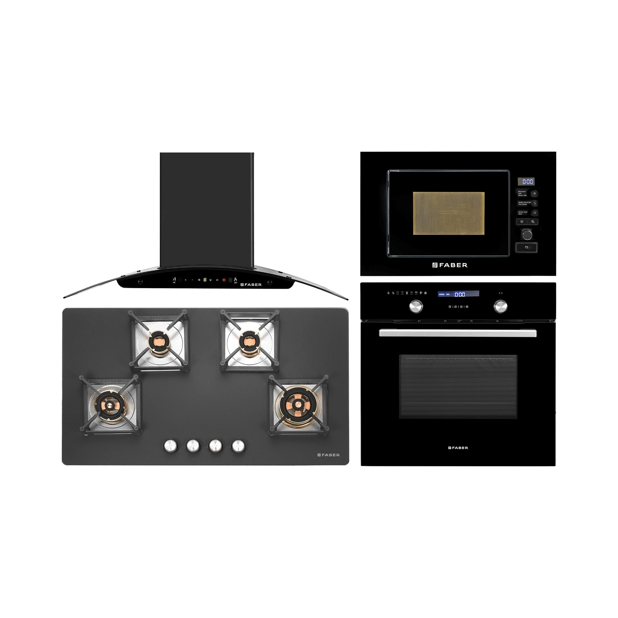 Faber Built In Oven FBIO 75L 9F BK + Faber Built-In Microwave FBI MWO 20 SG BK + Faber 90 cm Wall Mounted Chimney Gen-I Series MYSTIC BLDC FL HC BK 90 + Faber 90 cm 4 Burner Hob Bella Series BELLA HT 904 BR AI FFD