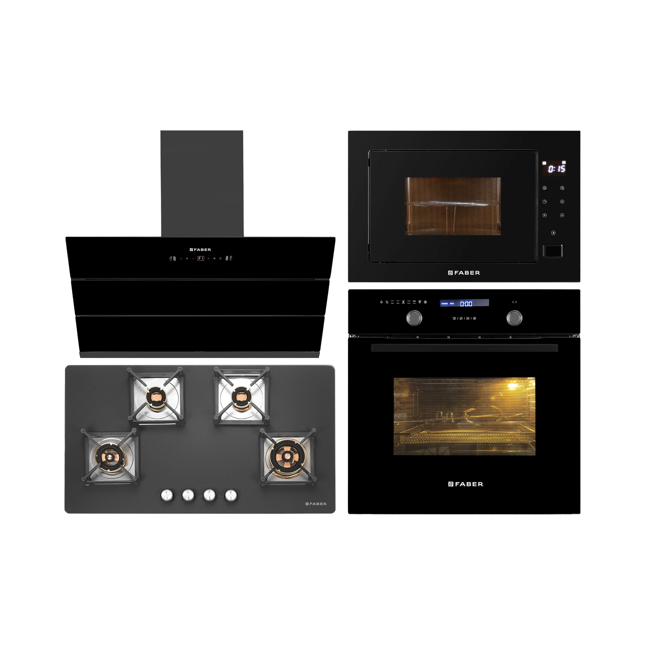 Faber Built In Oven FBIO 82L 11F AF BK + Faber Built-In Microwave FBI MWO 25 SG + Faber 90 cm Wall Mounted Chimney Gen-S Series AETHER BLDC HC SC BK 90 + Faber 90 cm 4 Burner Hob Bella Series BELLA HT 904 BR AI FFD