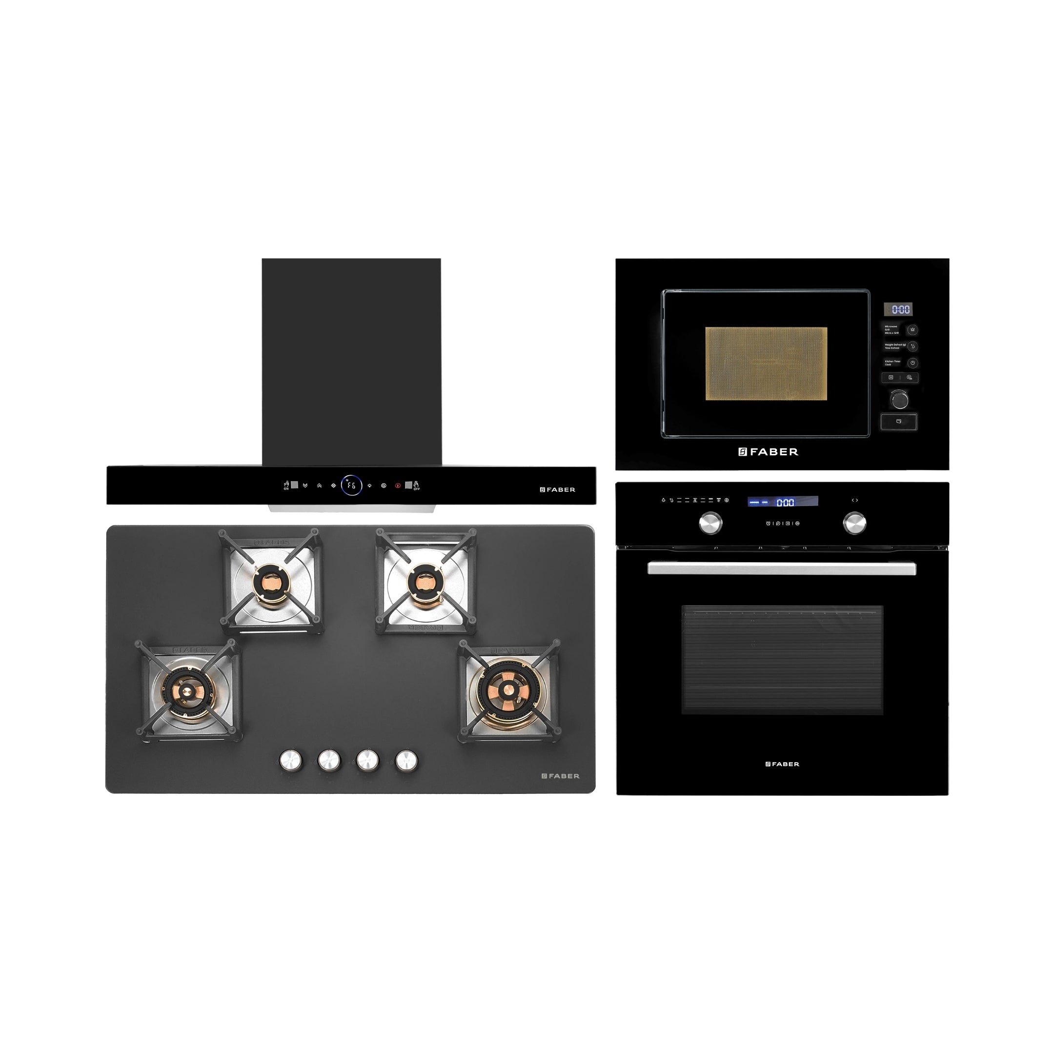 Faber Built In Oven FBIO 75L 9F BK + Faber Built-In Microwave FBI MWO 20 SG BK + Faber 90 cm Wall Mounted Chimney Gen-I Series DAZZLE BLDC FL HC BK 90 + Faber 90 cm 4 Burner Hob Bella Series BELLA HT 904 BR AI FFD
