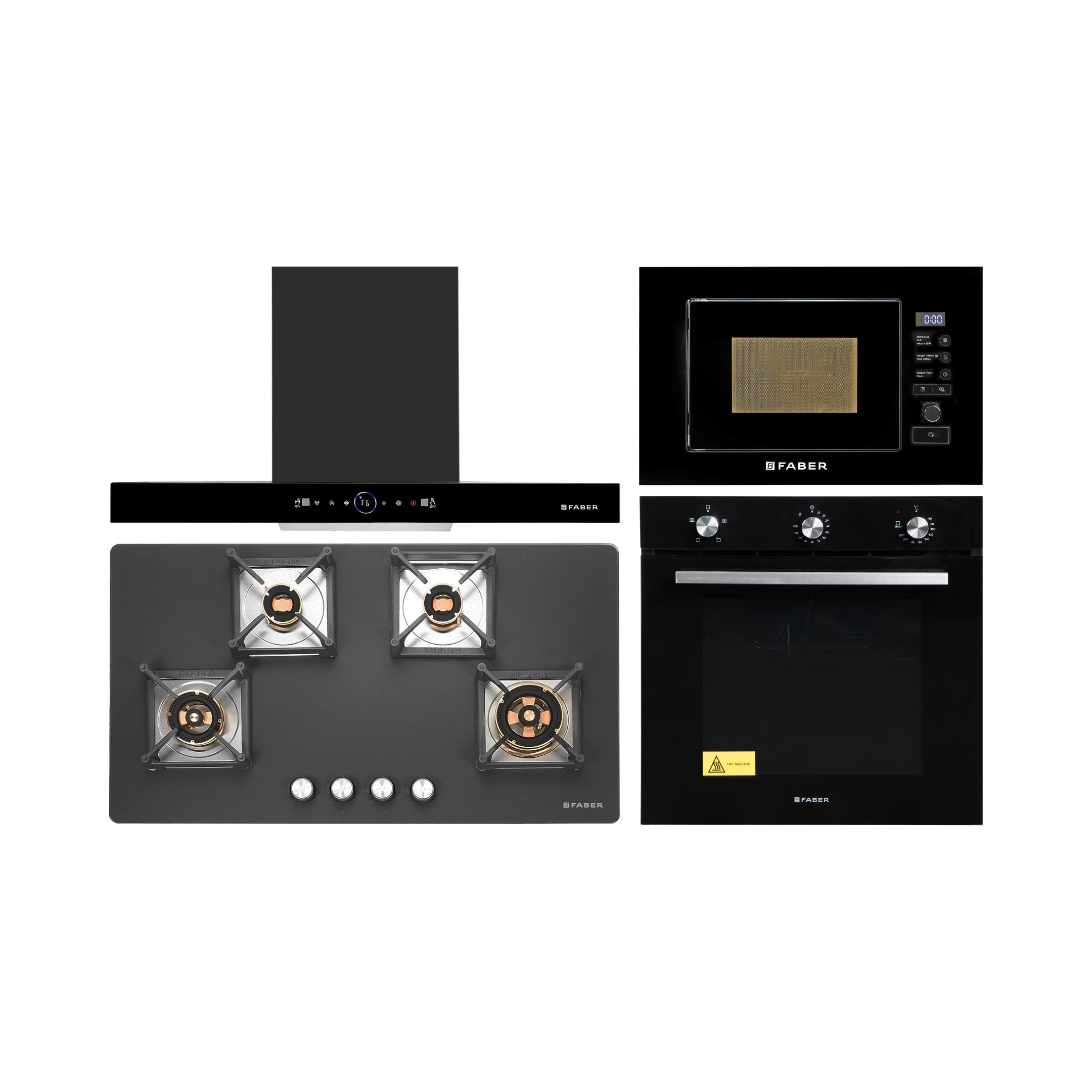 Faber Built In Oven FBIO 80L 4F BK + Faber Built-In Microwave FBI MWO 20 SG BK + Faber 90 cm Wall Mounted Chimney Gen-I Series DAZZLE BLDC FL HC BK 90 + Faber 90 cm 4 Burner Hob Bella Series BELLA HT 904 BR AI FFD