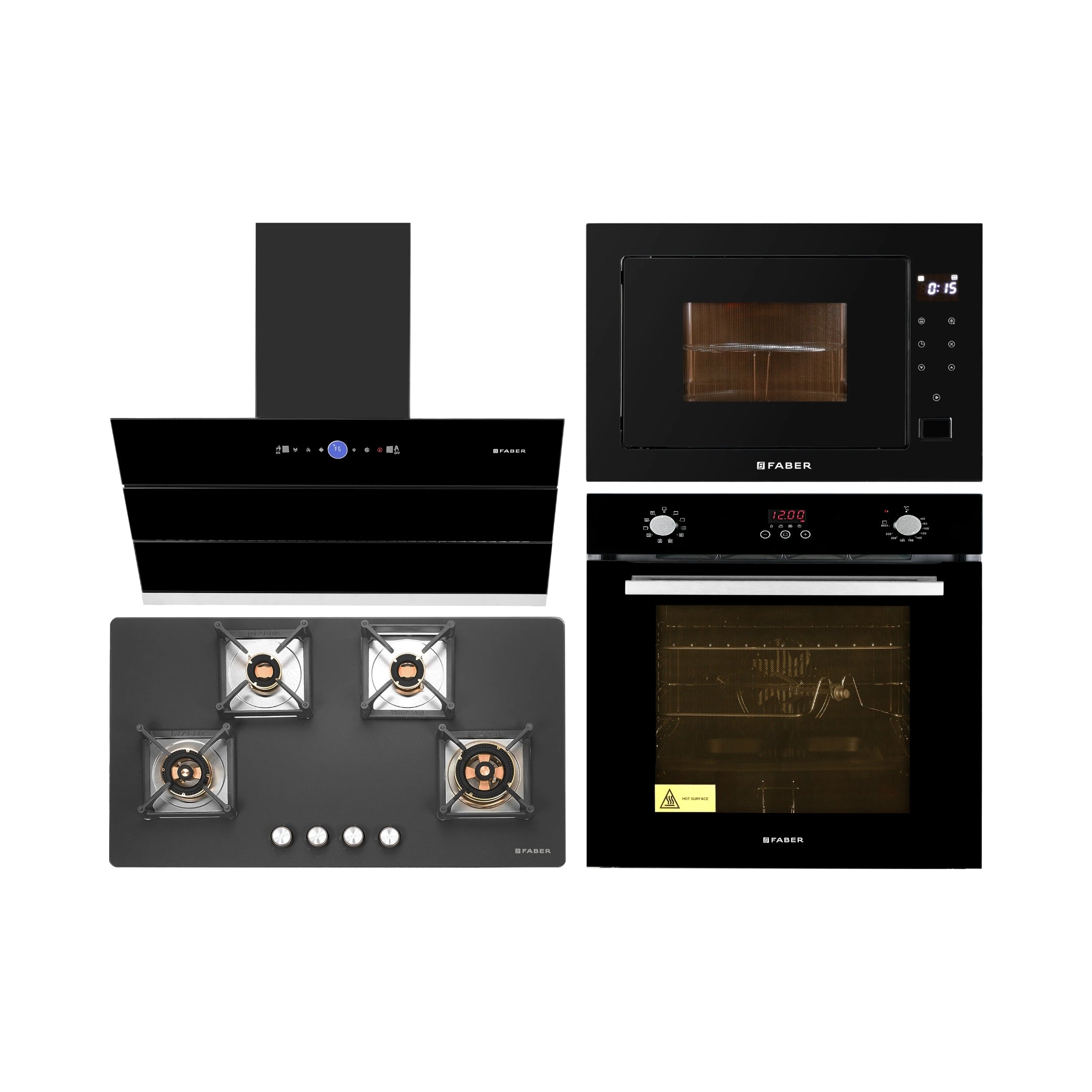 Faber Built In Oven with Steam Assist FBIO 80L 10F GLM WITH STEAMER + Faber Built-In Microwave FBI MWO 25 SG + Faber 90 cm Wall Mounted Chimney Gen-I Series COMET BLDC FL HC BK 90 + Faber 90 cm 4 Burner Hob Bella Series BELLA HT 904 BR AI FFD