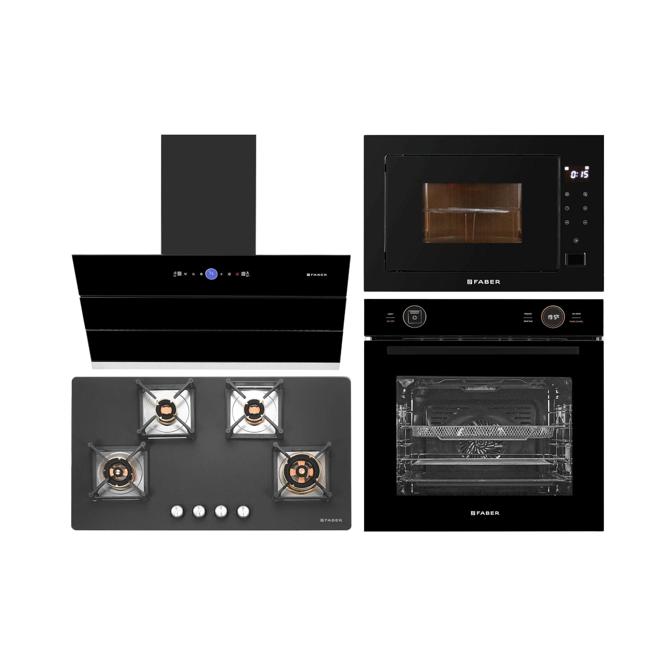 Faber Built In Oven FBIO 81L 10F DIGI BK + Faber Built-In Microwave FBI MWO 25 SG + Faber 90 cm Wall Mounted Chimney Gen-I Series COMET BLDC FL HC BK 90 + Faber 90 cm 4 Burner Hob Bella Series BELLA HT 904 BR AI FFD