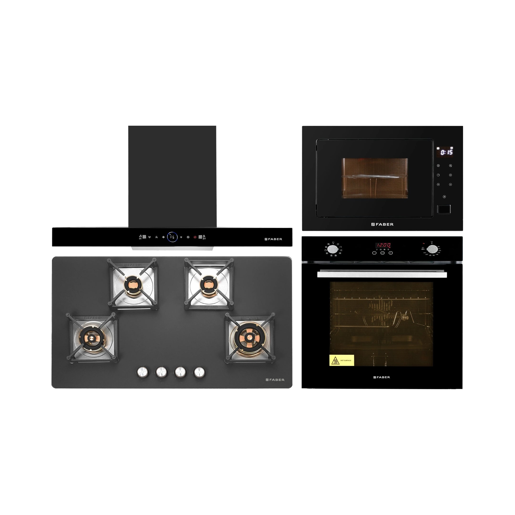 Faber Built In Oven with Steam Assist FBIO 80L 10F GLM WITH STEAMER + Faber Built-In Microwave FBI MWO 25 SG + Faber 90 cm Wall Mounted Chimney Gen-I Series DAZZLE BLDC FL HC BK 90 + Faber 90 cm 4 Burner Hob Bella Series BELLA HT 904 BR AI FFD