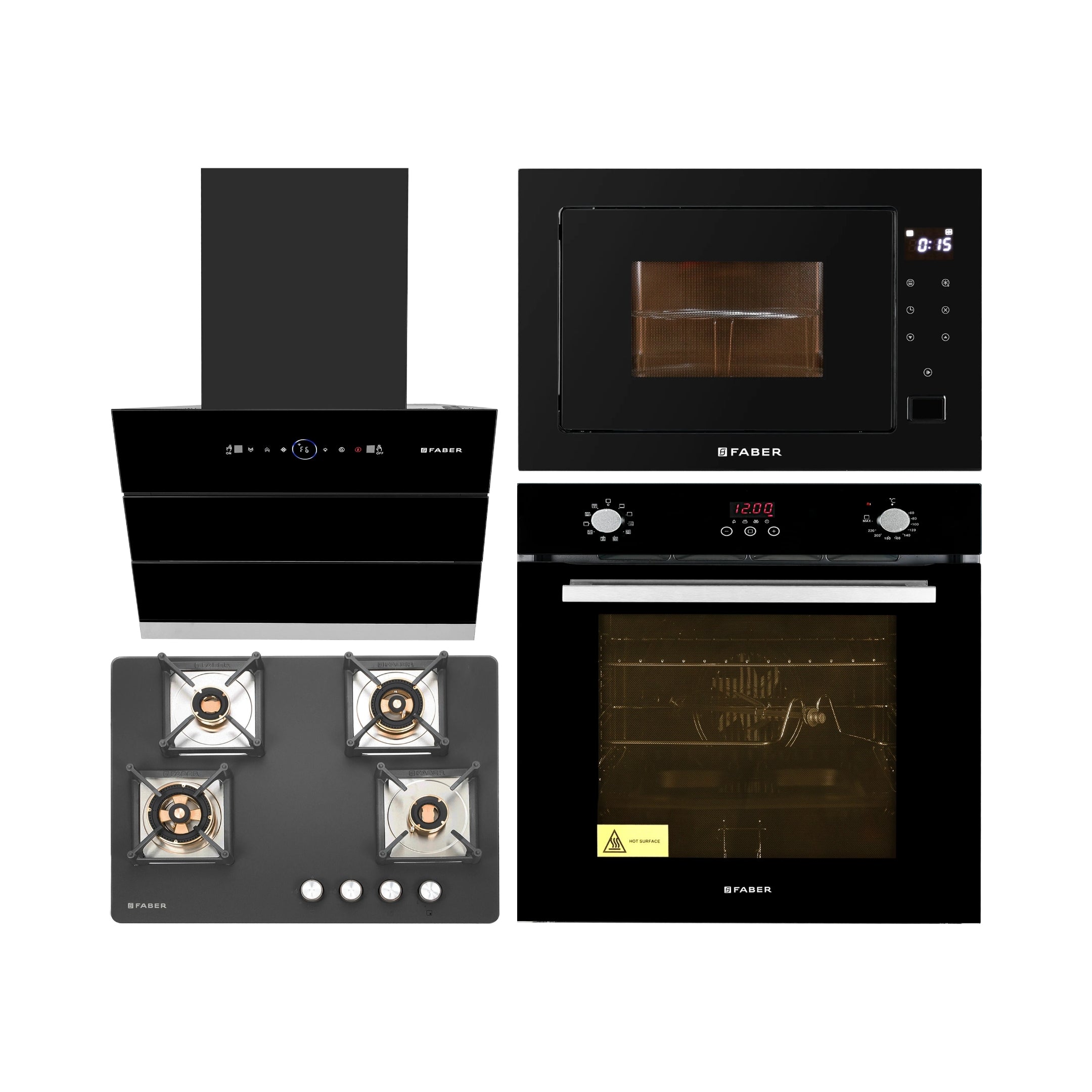 Faber Built In Oven with Steam Assist FBIO 80L 10F GLM WITH STEAMER + Faber Built-In Microwave FBI MWO 25 SG + Faber 60 cm Wall Mounted Chimney Gen-I Series COMET BLDC FL HC BK 60 + Faber 70 cm 4 Burner Hob Bella Series BELLA HT 704 BR AI