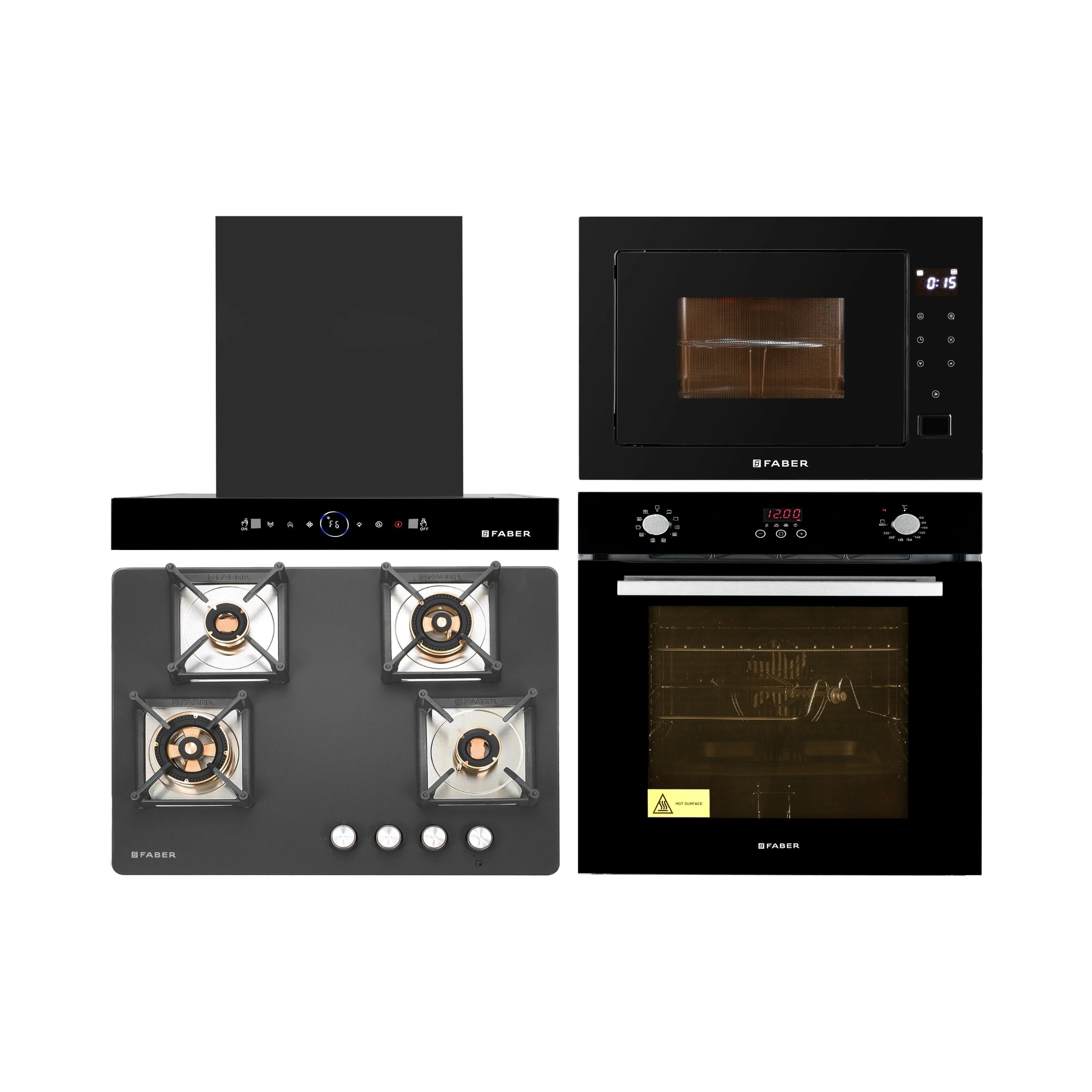 Faber Built In Oven with Steam Assist FBIO 80L 10F GLM WITH STEAMER + Faber Built-In Microwave FBI MWO 25 SG + Faber 60 cm Wall Mounted Chimney Gen-I Series DAZZLE BLDC FL HC BK 60 + Faber 70 cm 4 Burner Hob Bella Series BELLA HT 704 BR AI