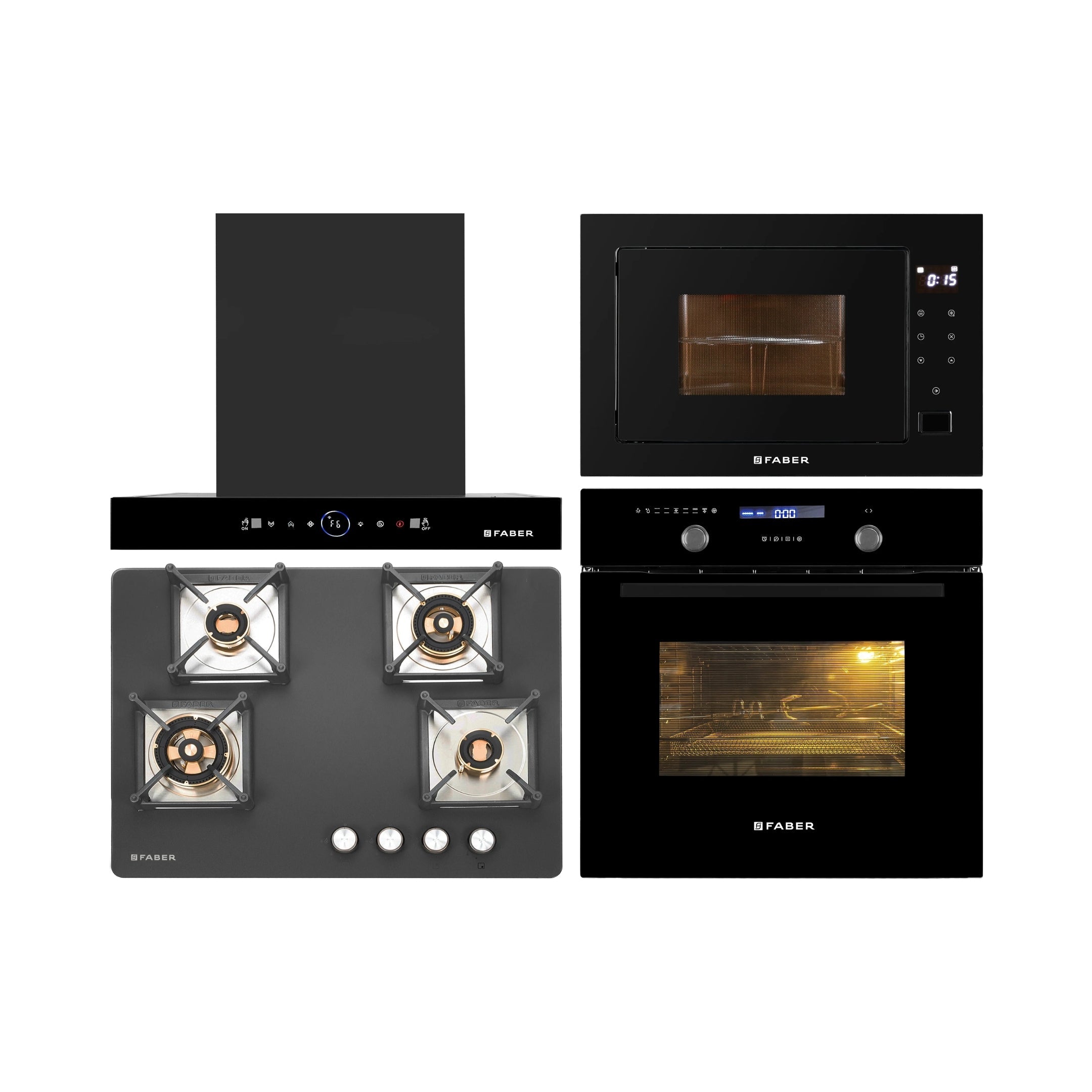 Faber Built In Oven FBIO 82L 11F AF BK + Faber Built-In Microwave FBI MWO 25 SG + Faber 60 cm Wall Mounted Chimney Gen-I Series DAZZLE BLDC FL HC BK 60 + Faber 70 cm 4 Burner Hob Bella Series BELLA HT 704 BR AI