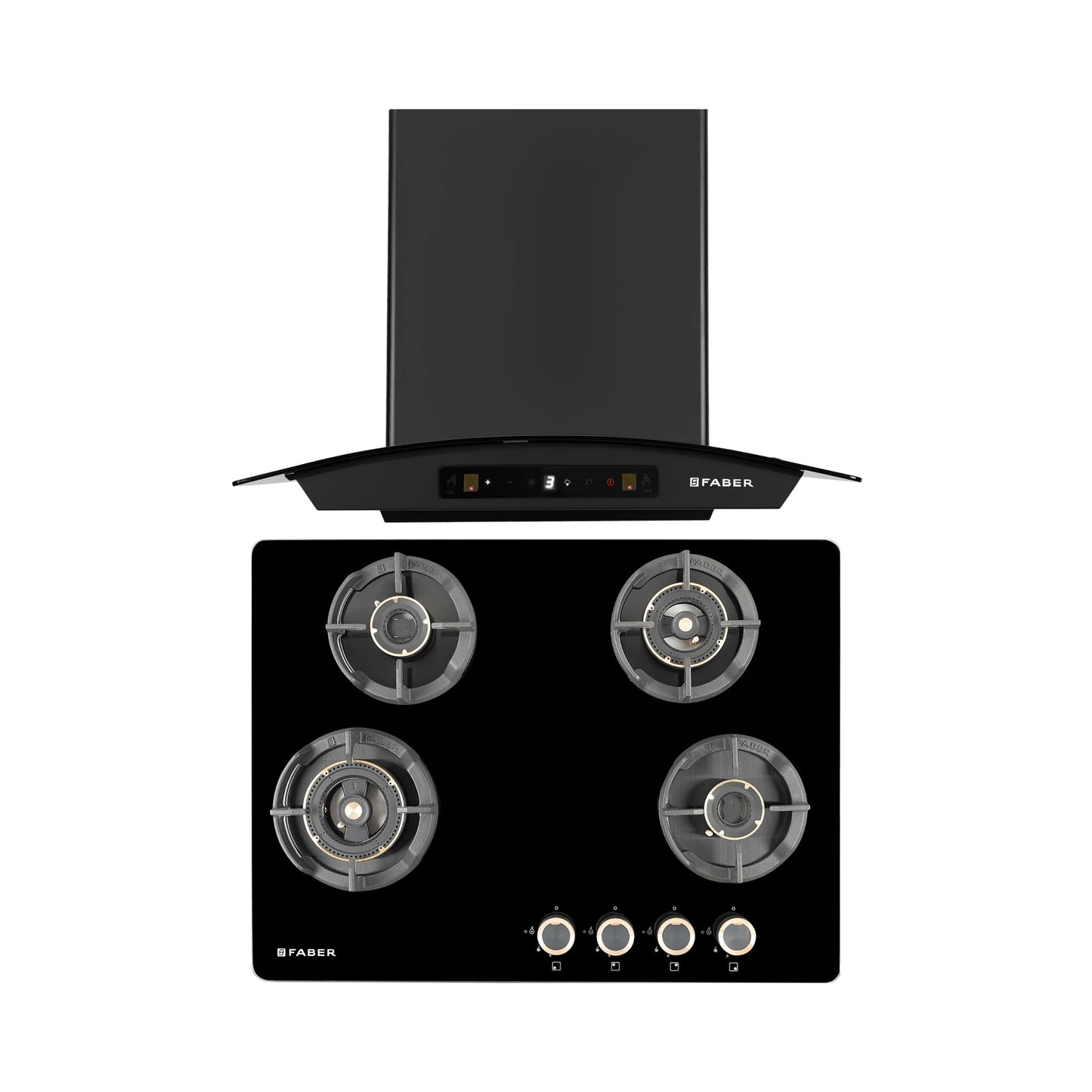 Faber 60 cm Wall Mounted Chimney Zeal Series HOOD ZEAL BLDC HC SC FL BK IN 60 C + Faber 70 cm 4 Burner Hob Experia Series EXPERIA HT 704 ALU AI