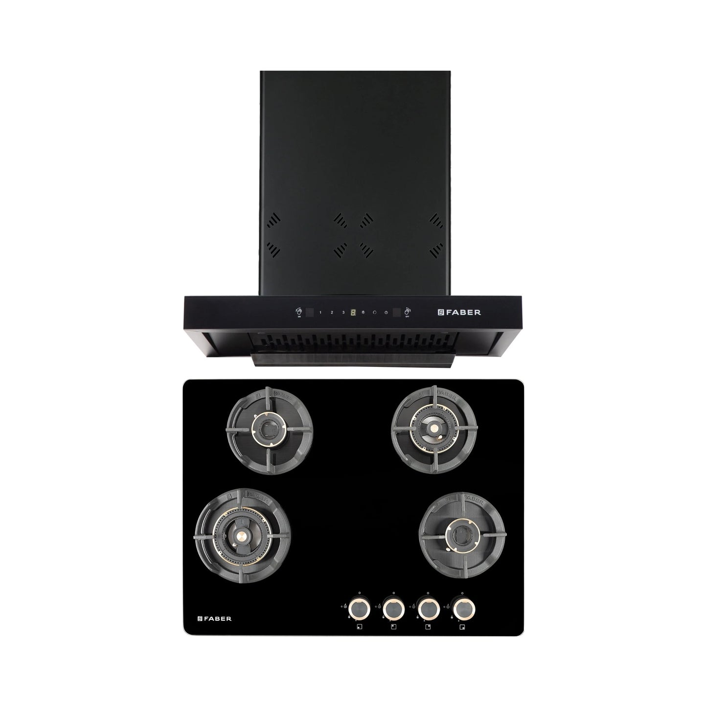 Faber 60 cm Wall Mounted Chimney HOOD CYGNUS IN 3D HC SC FL BK 60 + Faber 70 cm 4 Burner Hob Experia Series EXPERIA HT 704 ALU AI