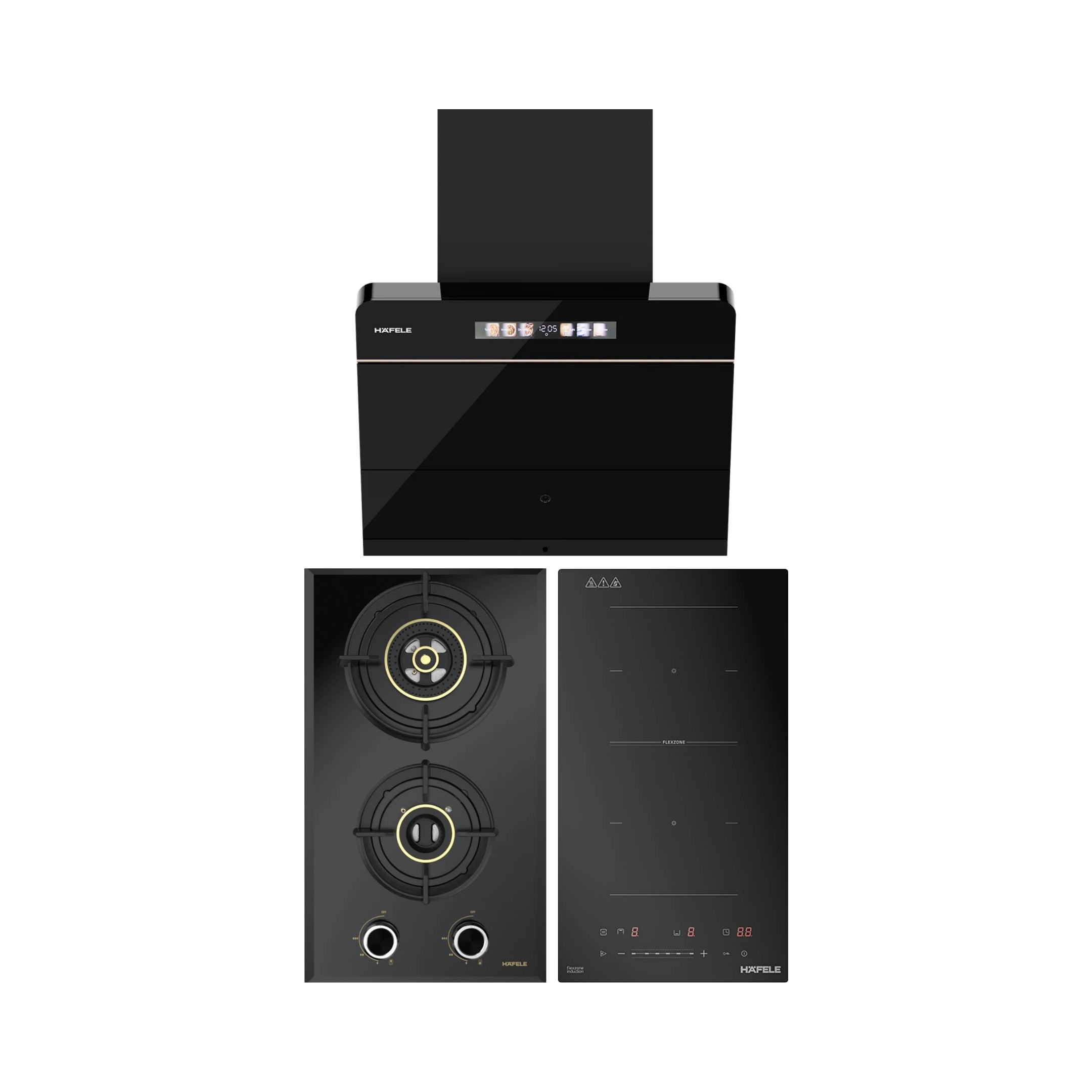 Hafele 60 cm Wall Mounted Chimney TERESA NEO I-60 BLDC + Hafele 30 cm 2 Burner Hob Altius Series ALTIUS FS 230 + Hafele 2 Zones Induction Hob NERO 30