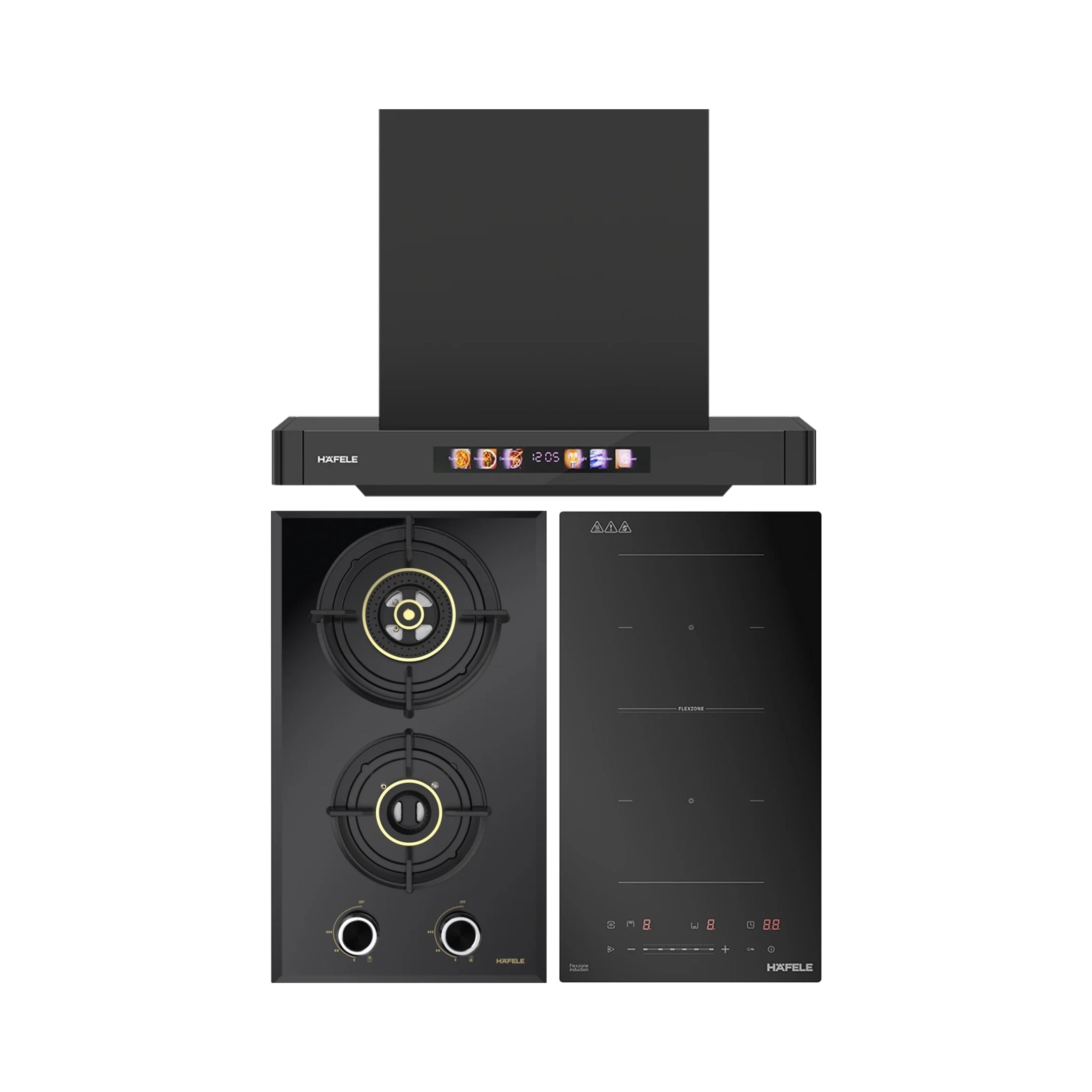 Hafele 60 cm Wall Mounted Chimney TERESA T-60 BLDC + Hafele 30 cm 2 Burner Hob Altius Series ALTIUS FS 230 + Hafele 2 Zones Induction Hob NERO 30