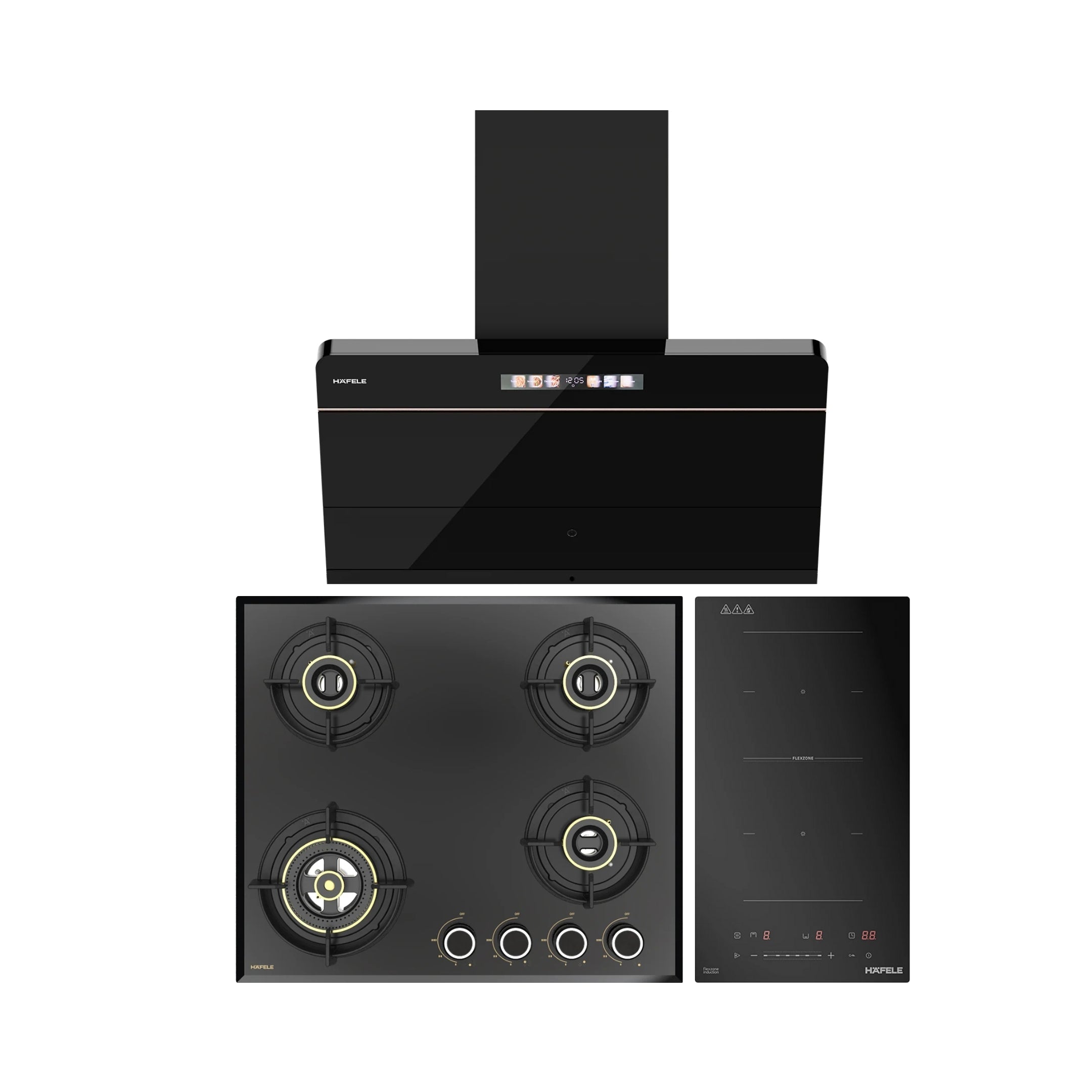 Hafele 90 cm Wall Mounted Chimney TERESA NEO I-90 BLDC + Hafele 60 cm 4 Burner Hob Altius Series ALTIUS FS 460 + Hafele 2 Zones Induction Hob NERO 30