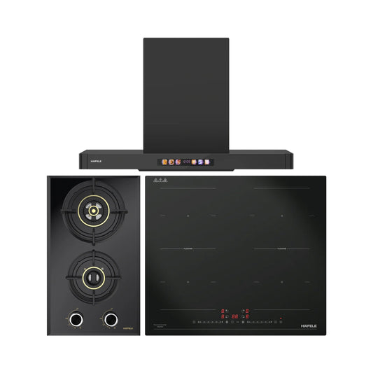 Hafele 90 cm Wall Mounted Chimney TERESA T-90 BLDC + Hafele 30 cm 2 Burner Hob Altius Series ALTIUS FS 230 + Hafele 4 Zones Induction Hob NERO 60