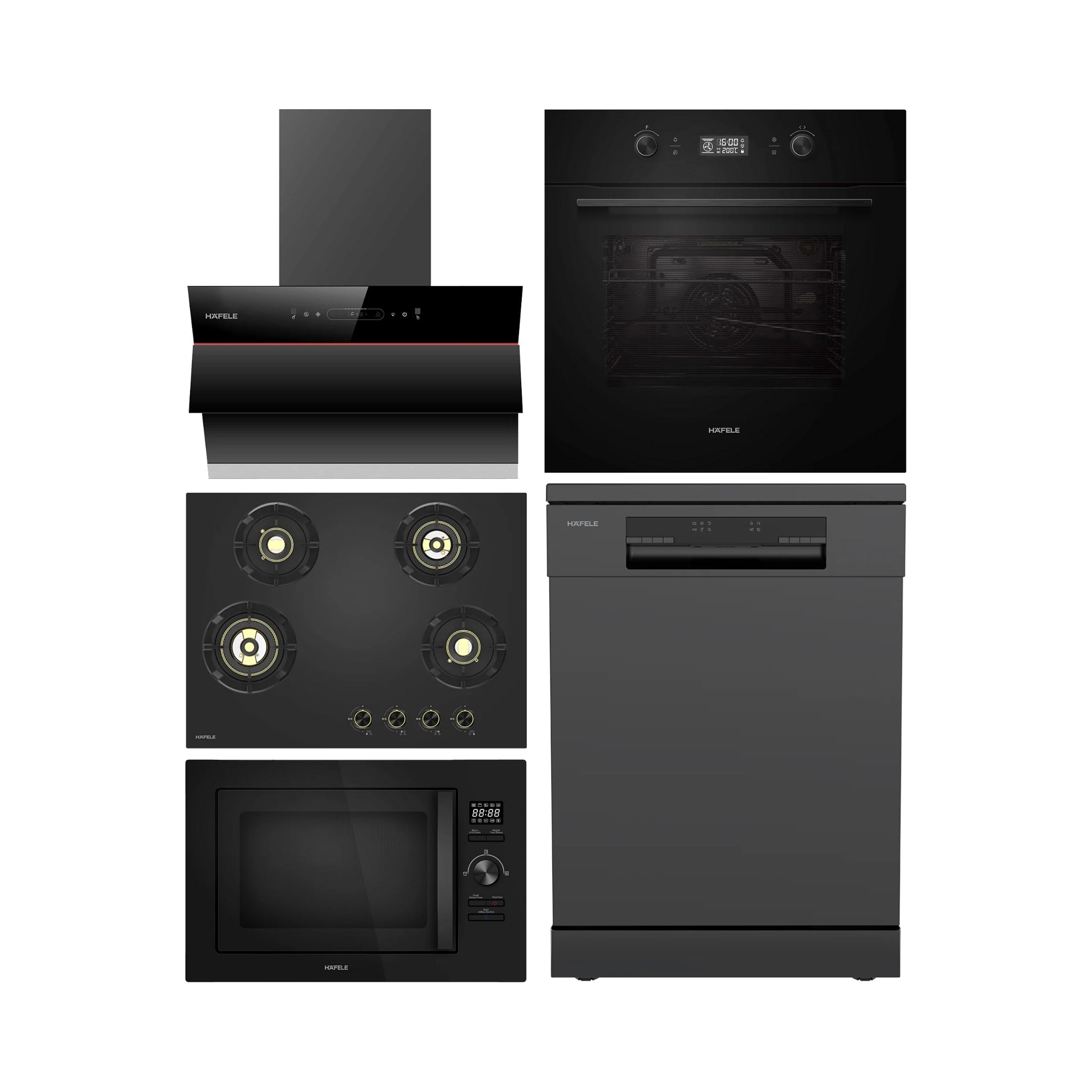 Hafele Built In Oven AURORA 80 + Hafele Built-In Microwave AURORA 25 + Hafele 60 cm Wall Mounted Chimney Essentia Series RENATA INCLINED 60 + Hafele 70 cm 4 Burner Hob Essentia Series AUGUSTA 470 + Hafele Free Standing Dishwasher AQUA NOIR 13 FS with 13 Place Settings