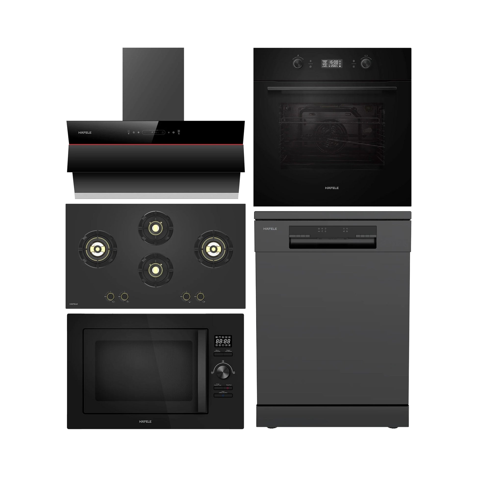 Hafele Built In Oven AURORA 80 + Hafele Built-In Microwave AURORA 25 + Hafele 90 cm Wall Mounted Chimney Essentia Series RENATA INCLINED 90 + Hafele 90 cm 4 Burner Hob Essentia Series AUGUSTA 490 + Hafele Free Standing Dishwasher AQUA NOIR 13 FS with 13 Place Settings