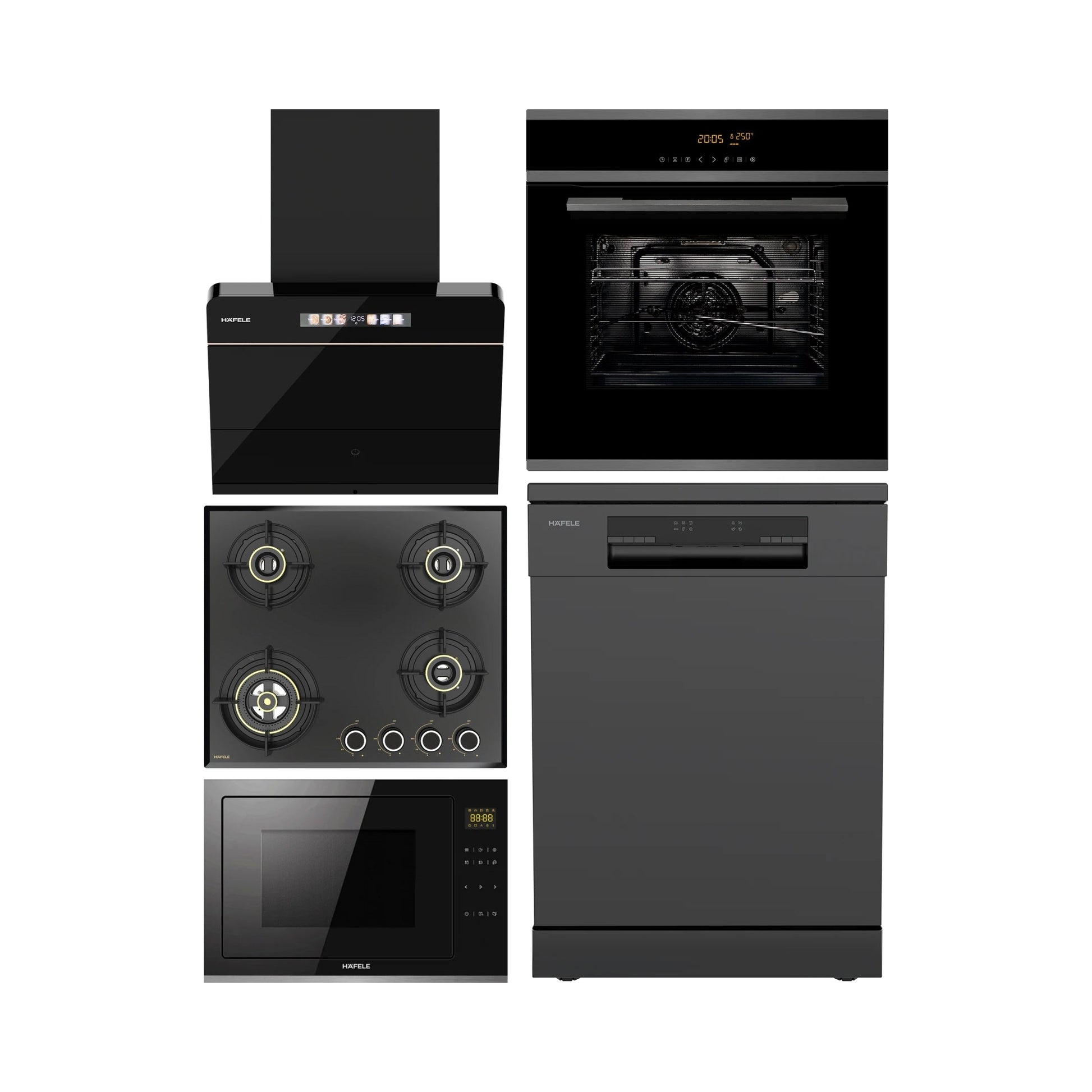 Hafele Built In Oven J70 BIO PLUS + Hafele Built-In Convection Microwave J34 MWO PLUS + Hafele 60 cm Wall Mounted Chimney TERESA NEO I-60 BLDC + Hafele 60 cm 4 Burner Hob Altius Series ALTIUS FS 460 + Hafele Free Standing Dishwasher AQUA NOIR 13 FS with 13 Place Settings
