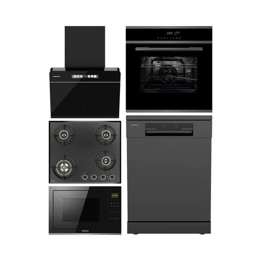 Hafele Built In Oven J70 BIO PLUS + Hafele Built-In Convection Microwave J34 MWO PLUS + Hafele 60 cm Wall Mounted Chimney TERESA NEO I-60 BLDC + Hafele 60 cm 4 Burner Hob Altius Series ALTIUS FS 460 + Hafele Free Standing Dishwasher AQUA NOIR 13 FS with 13 Place Settings