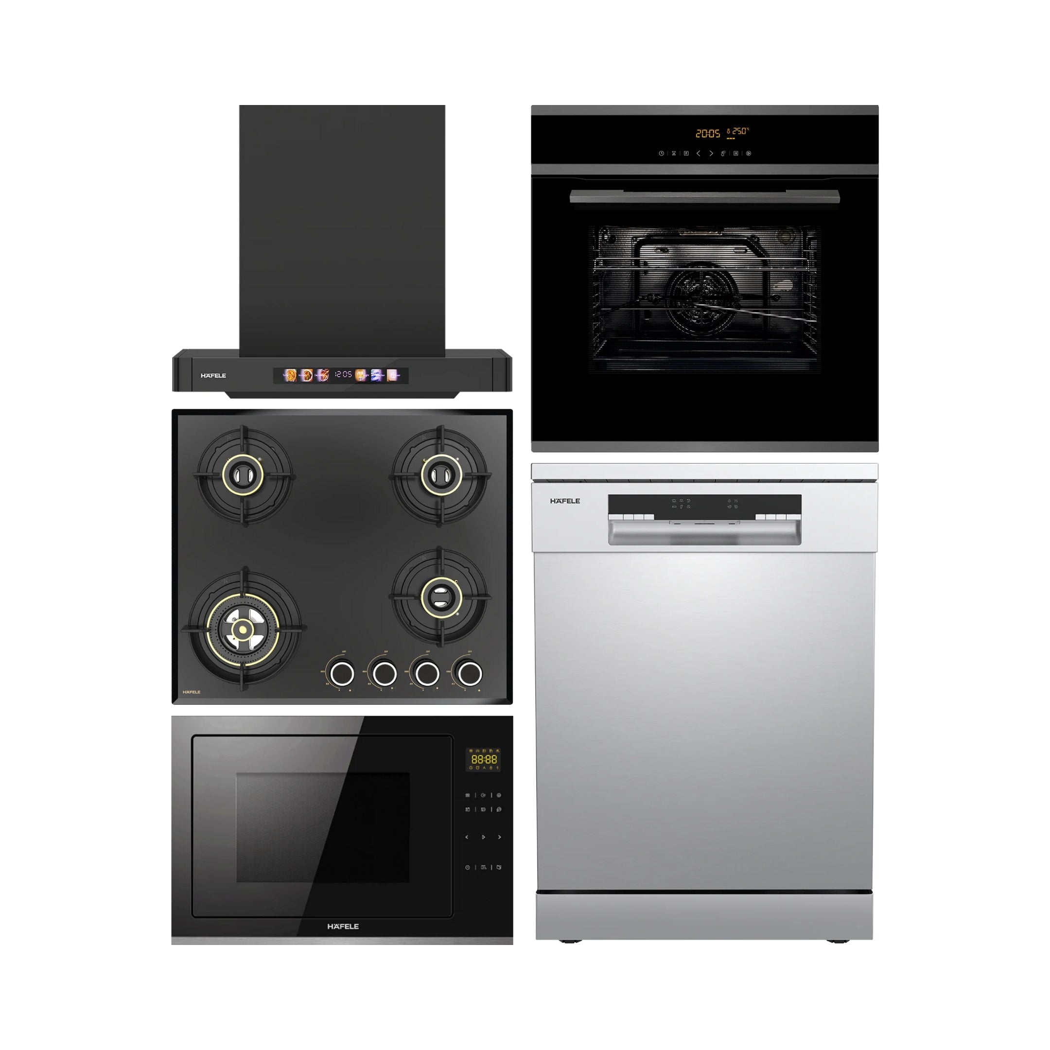 Hafele Built In Oven J70 BIO PLUS + Hafele Built-In Convection Microwave J34 MWO PLUS + Hafele 60 cm Wall Mounted Chimney TERESA T-60 BLDC + Hafele 60 cm 4 Burner Hob Altius Series ALTIUS FS 460 + Hafele Free Standing Dishwasher AQUA CHROME 15 FS with 15 Place Settings
